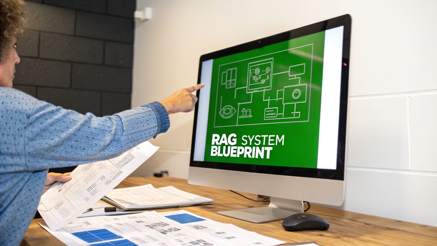 Person points at computer screen showing a 'RAG System Blueprint' diagram and holds papers.