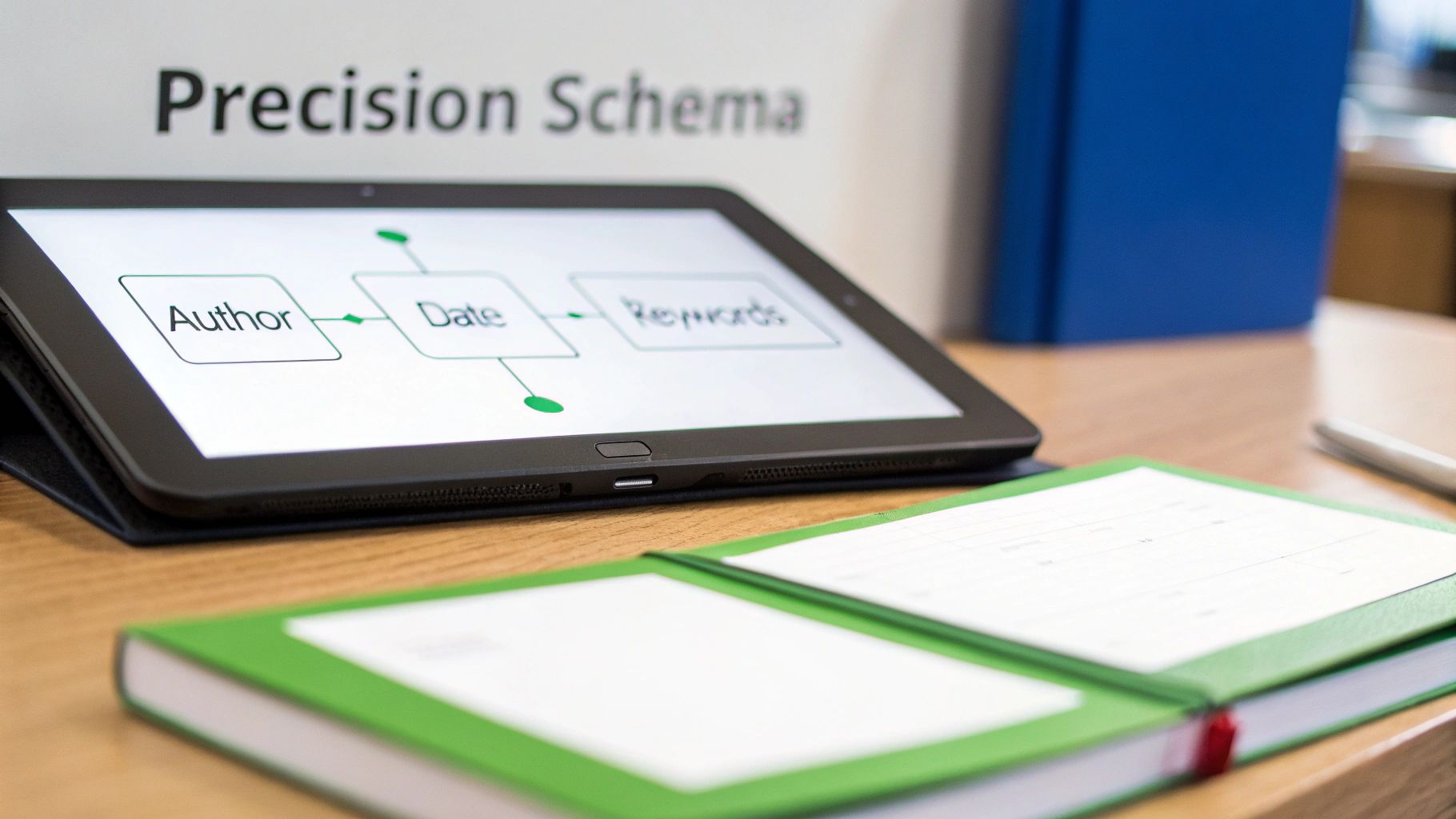 A tablet displays a "Precision Schema" diagram with "Author", "Date", "Keywords" on a wooden desk.