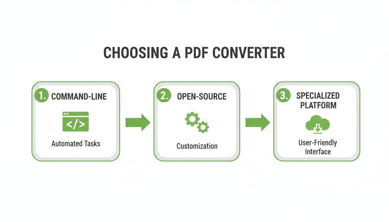 Flowchart detailing three types of PDF converters: command-line, open-source, and specialized platforms.