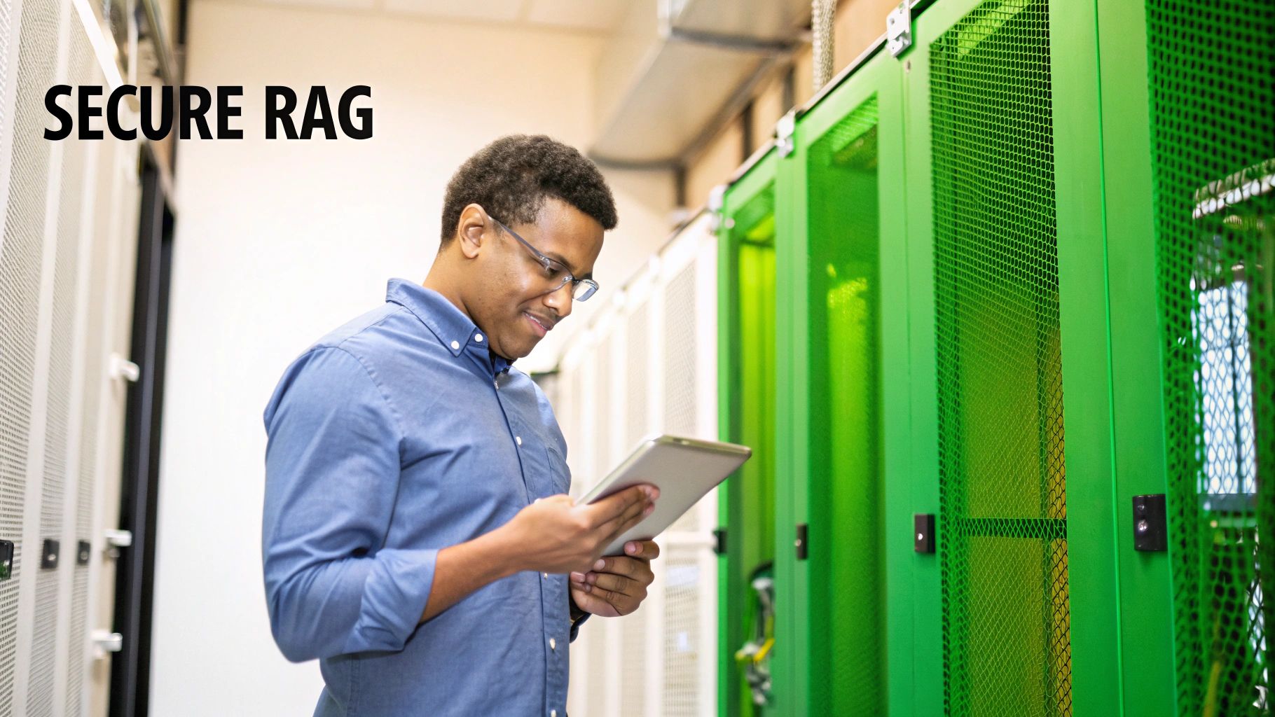 A smiling man in glasses uses a tablet in a secure data center with green and white server racks.