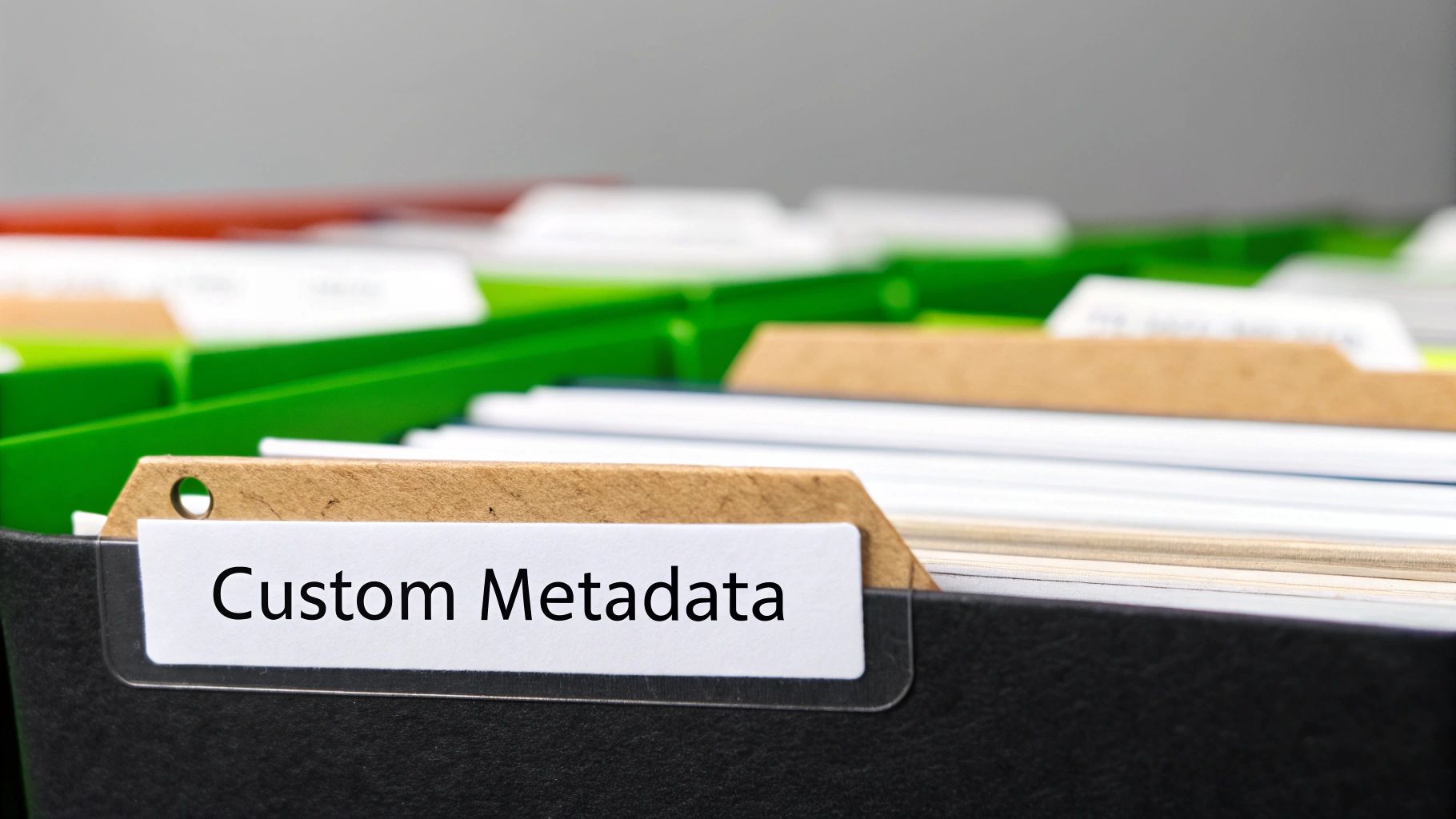 Close-up of a file folder labeled 'Custom Metadata' in a file box among other folders.
