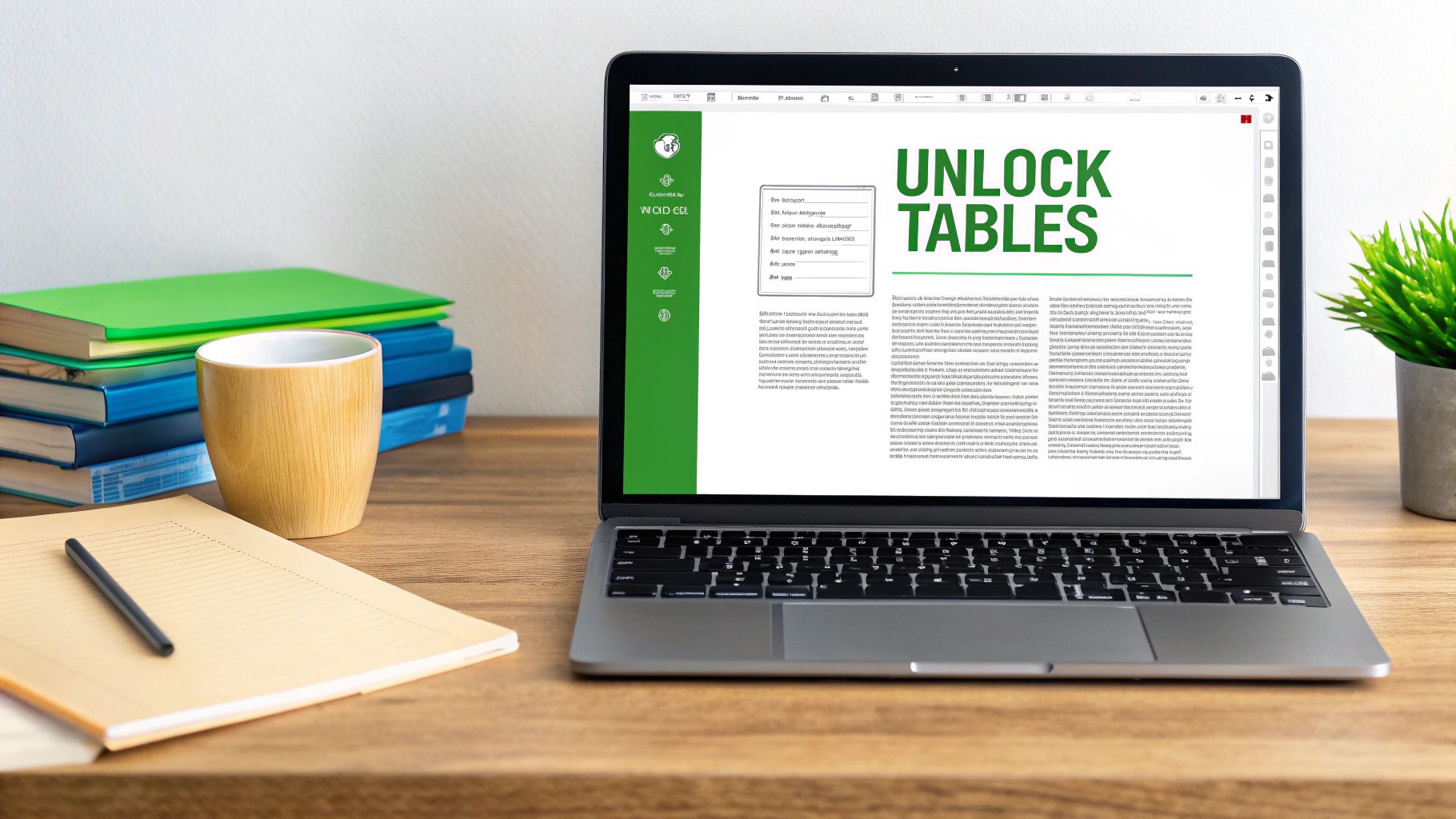 A laptop displaying a document with 'UNLOCK TABLES', surrounded by books, a mug, and a notebook on a wooden desk.