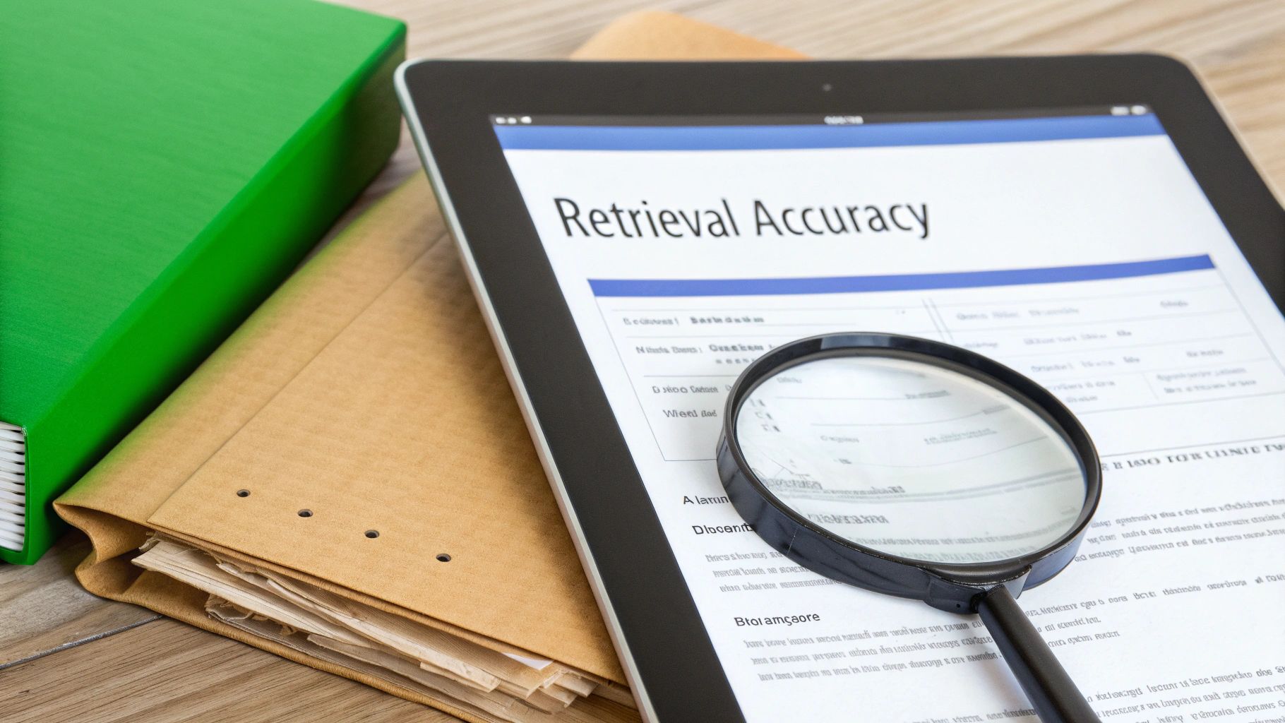 A tablet displays a document titled 'Retrieval Accuracy' with a magnifying glass, next to a green binder and a brown folder.