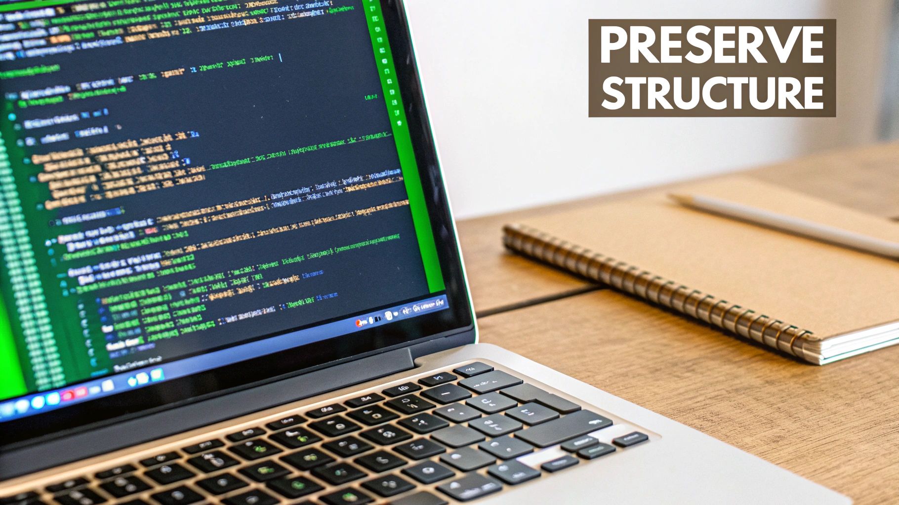 A laptop with glowing green code on screen, next to a brown notebook and a white pencil.