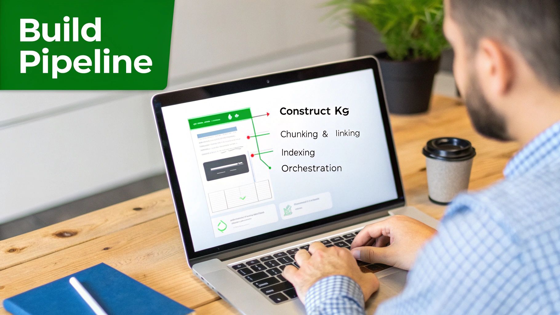 A person types on a laptop displaying 'Build Pipeline' for 'Construct Kg' steps including chunking, indexing, and orchestration.