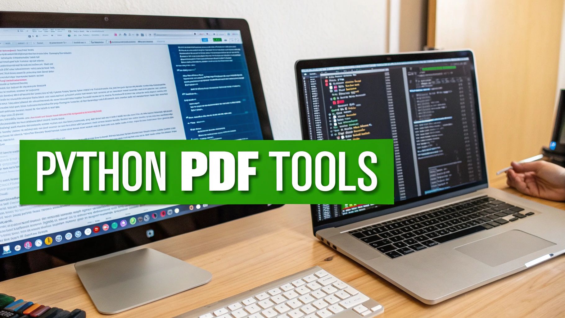 Two computer screens displaying code, with a green banner overlaying "PYTHON PDF TOOLS" on a wooden desk.