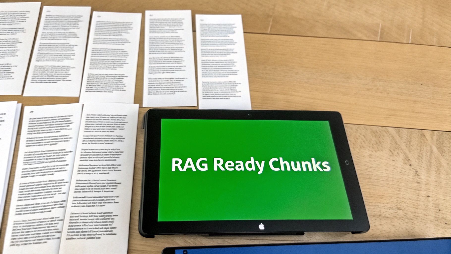 A tablet displaying 'RAG Ready Chunks' on a green screen, surrounded by printed documents on a wooden table.