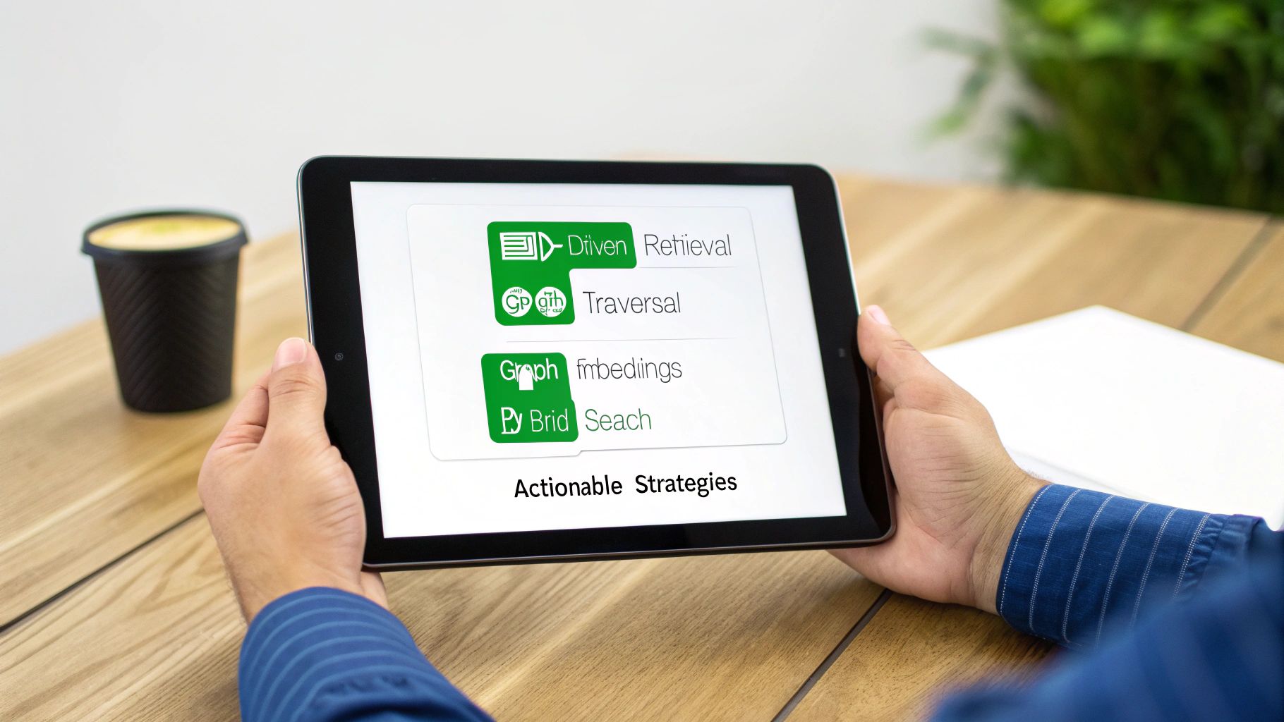 A person holds a tablet displaying 'Actionable Strategies' like 'Graph Embeddings' and 'Hybrid Search'.