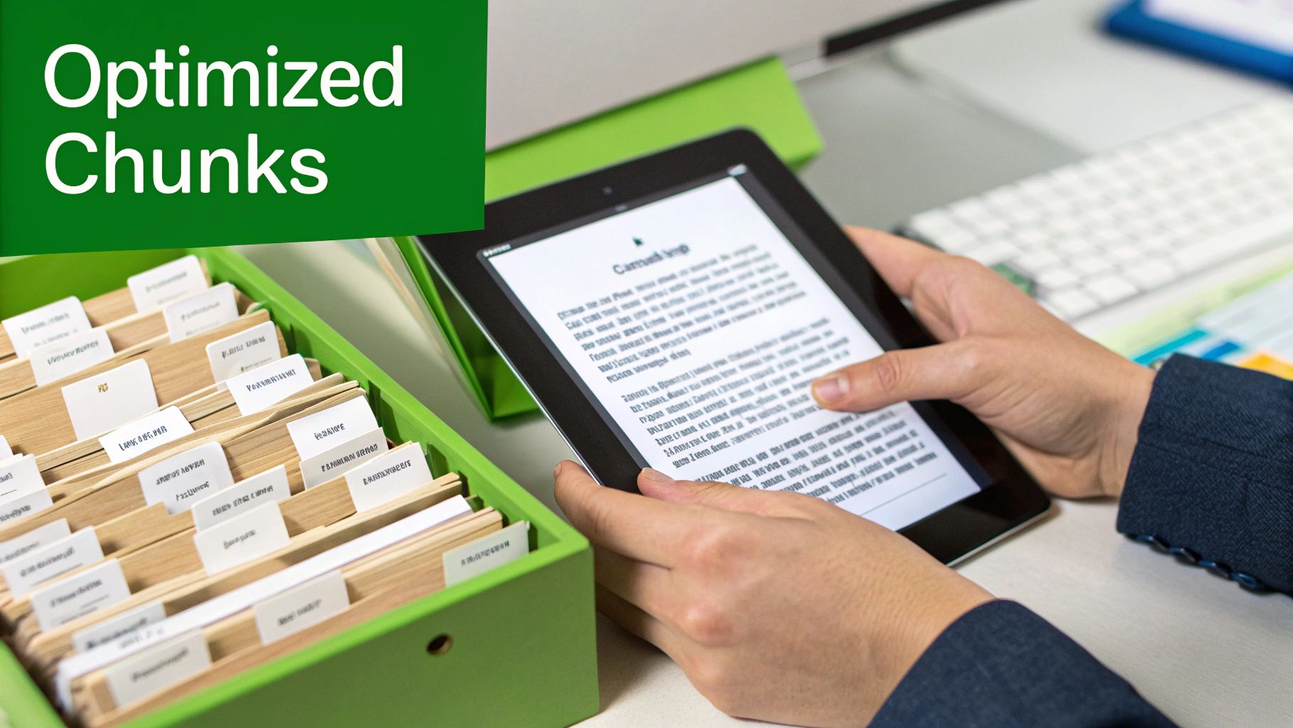 Person reads text on a tablet next to a green box filled with organized index cards.