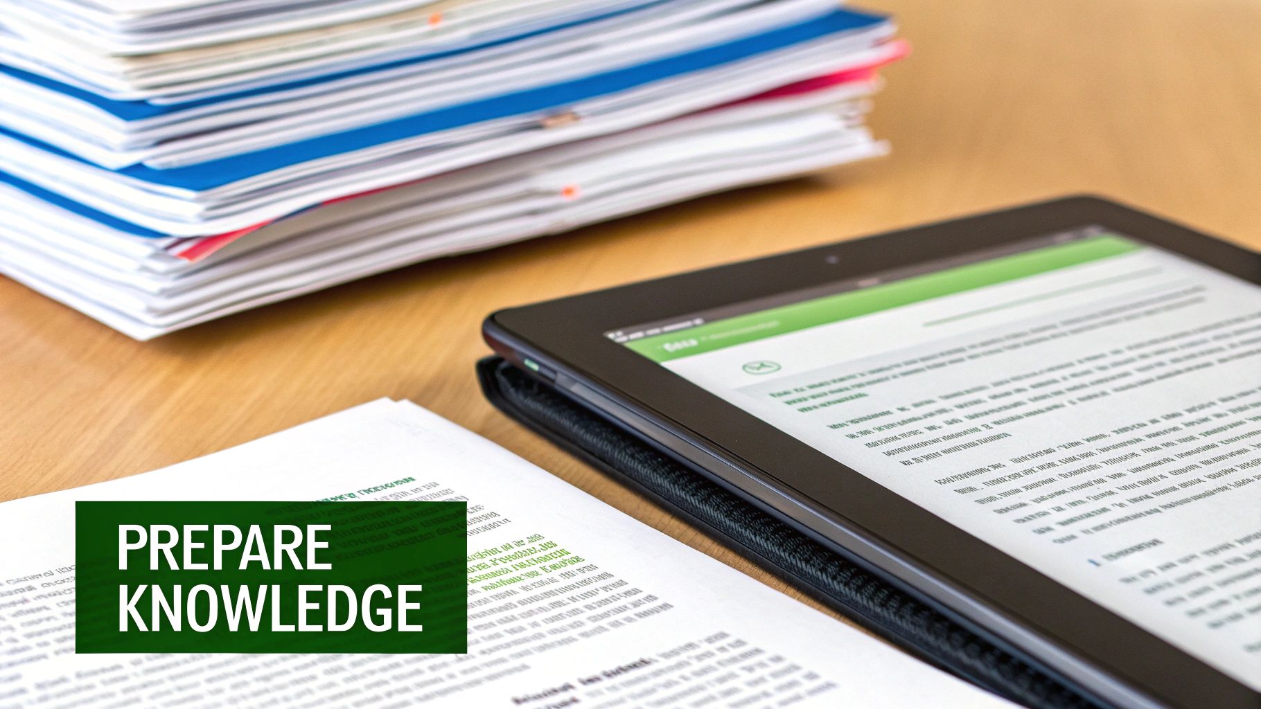 A stack of papers, a tablet displaying text, and a document with 'PREPARE KNOWLEDGE' on a desk.