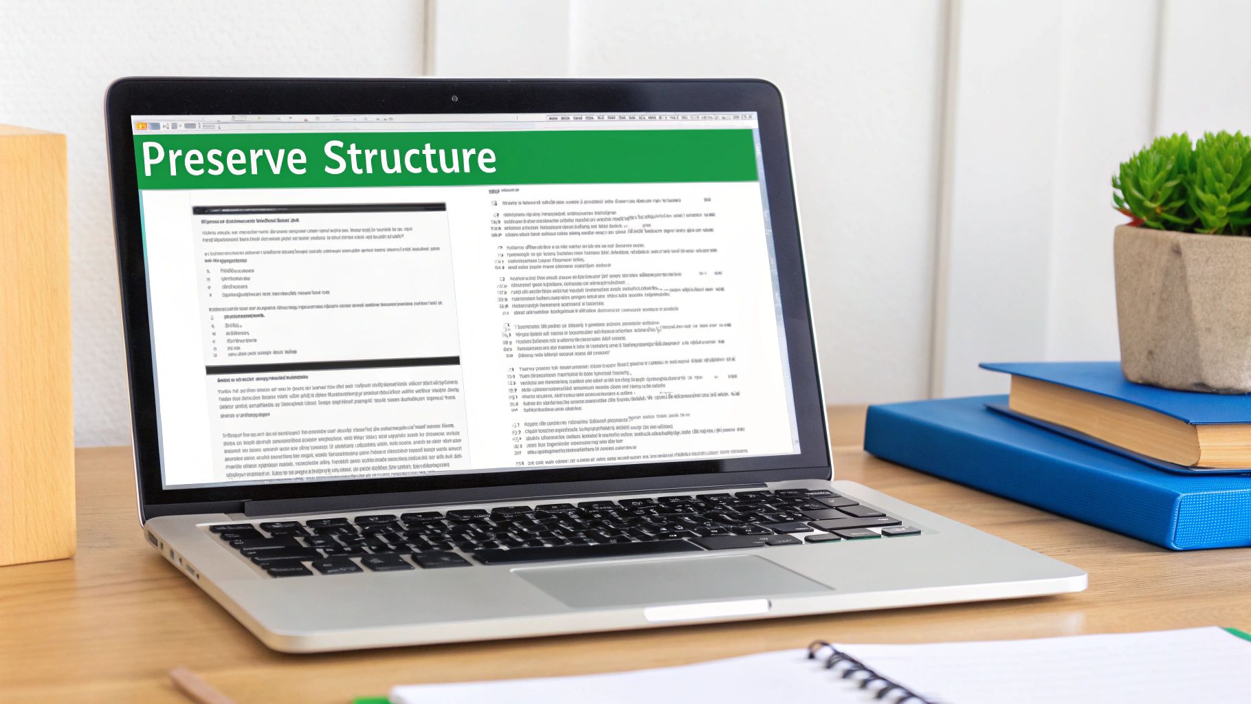 A laptop on a wooden desk displaying a document with 'Preserve Structure' on its screen.