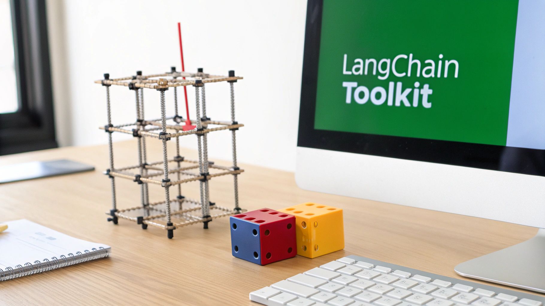 A modern workspace featuring a computer screen displaying 'LangChain Toolkit,' a structural model, and colorful dice.