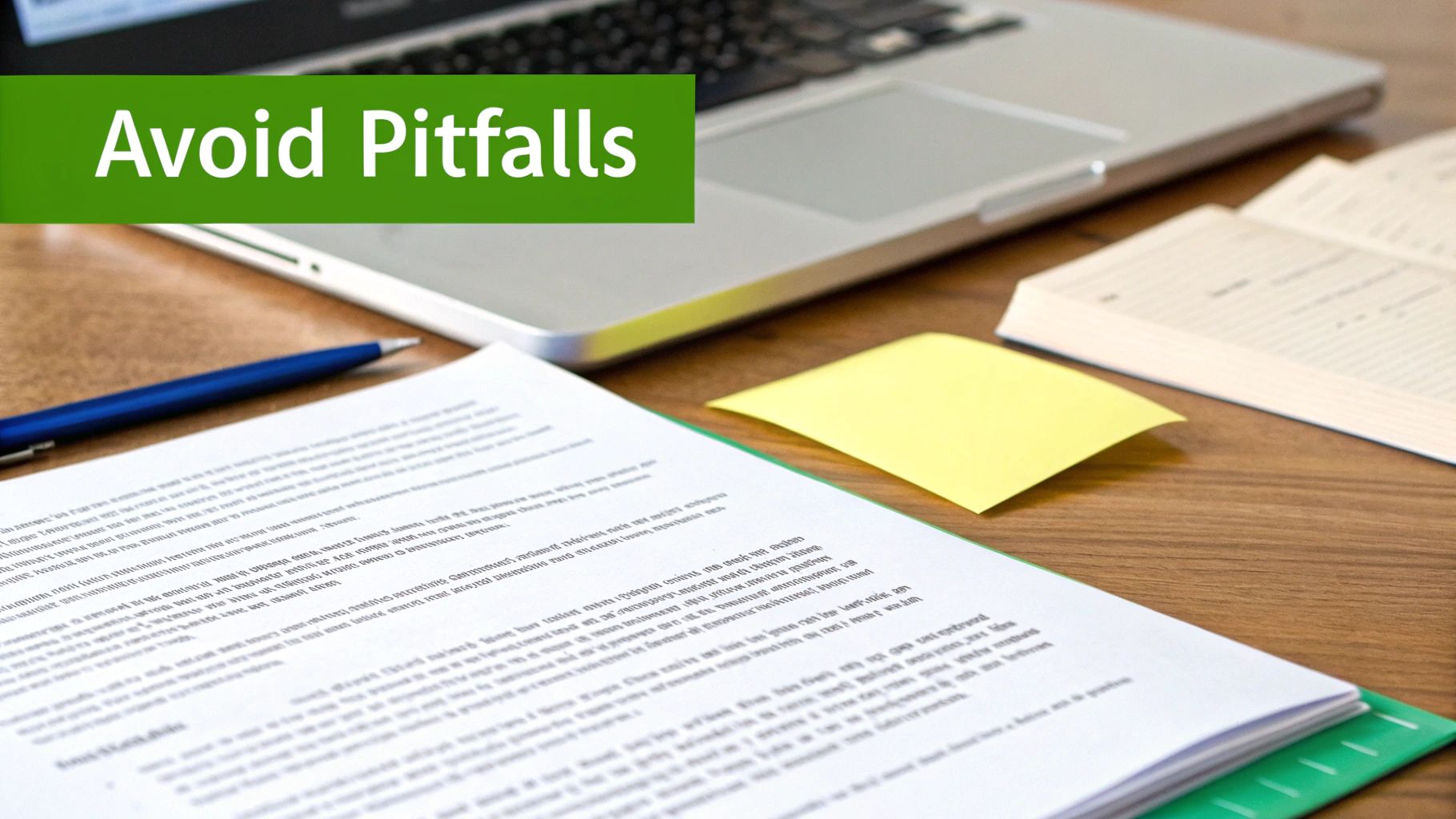 A green banner stating 'Avoid Pitfalls' over a desk with a laptop, documents, and office supplies.