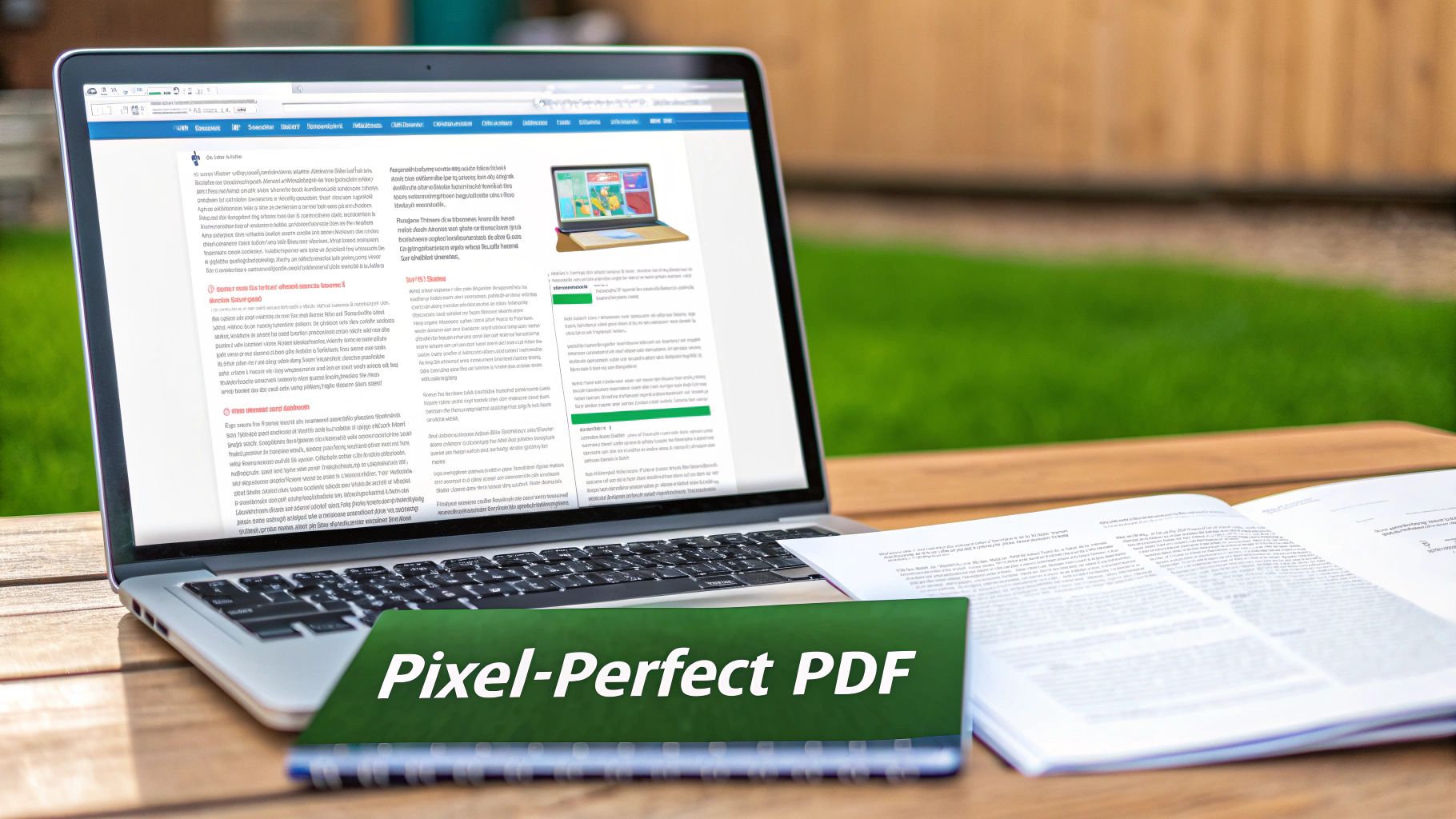 A laptop displaying a document with text and an image, next to an open book and a 'Pixel-Perfect PDF' banner.
