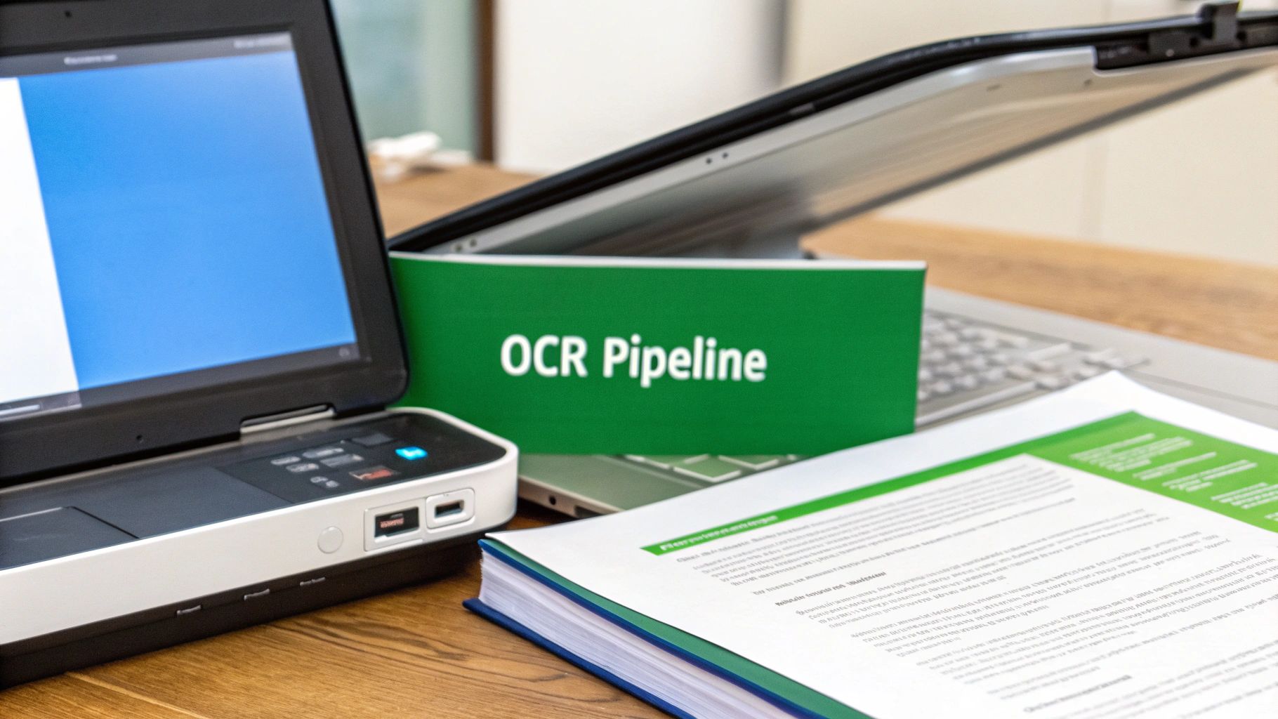 A green book titled 'OCR Pipeline' sits between two laptops and a document on a wooden desk.