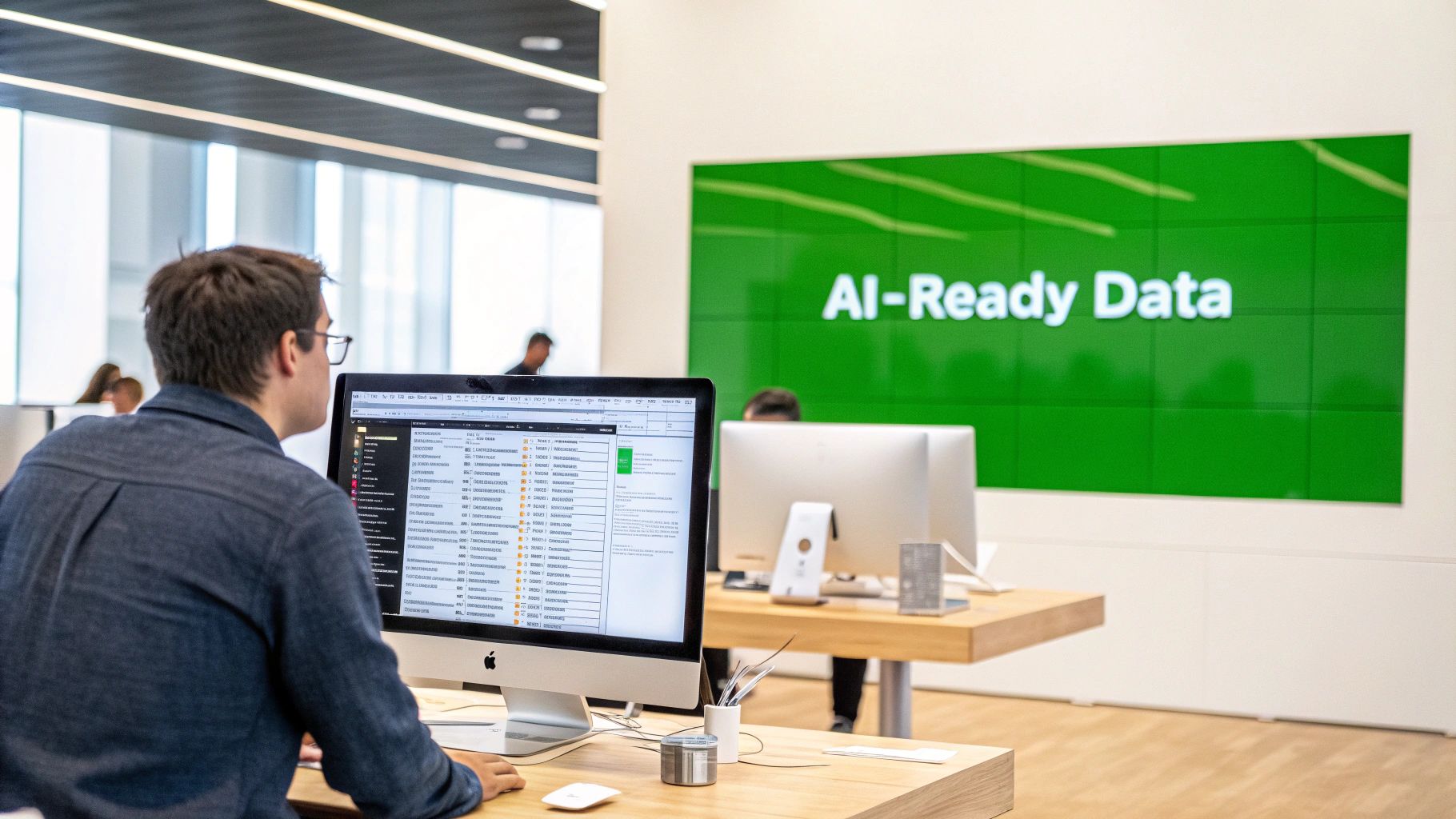 A person works on an iMac computer in an office with a large green 'AI-Ready Data' screen in the background.