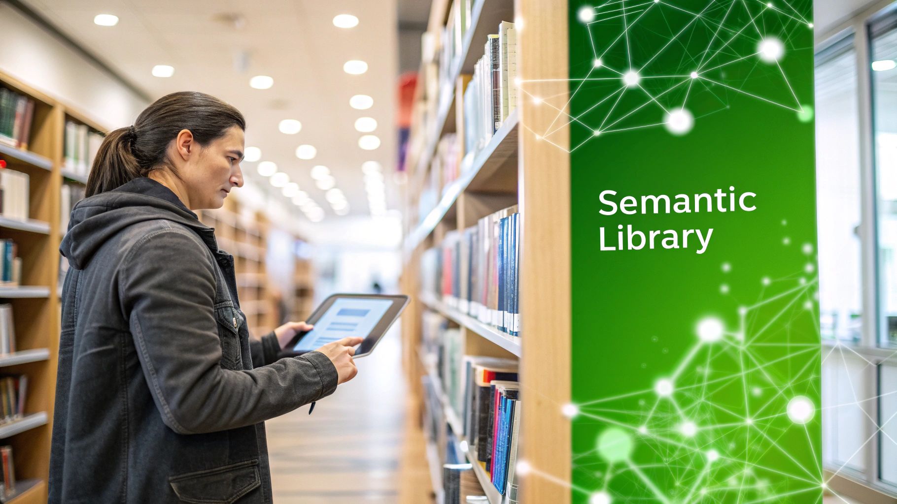 Person using a tablet in a modern library, with a "Semantic Library" sign and network graphic.