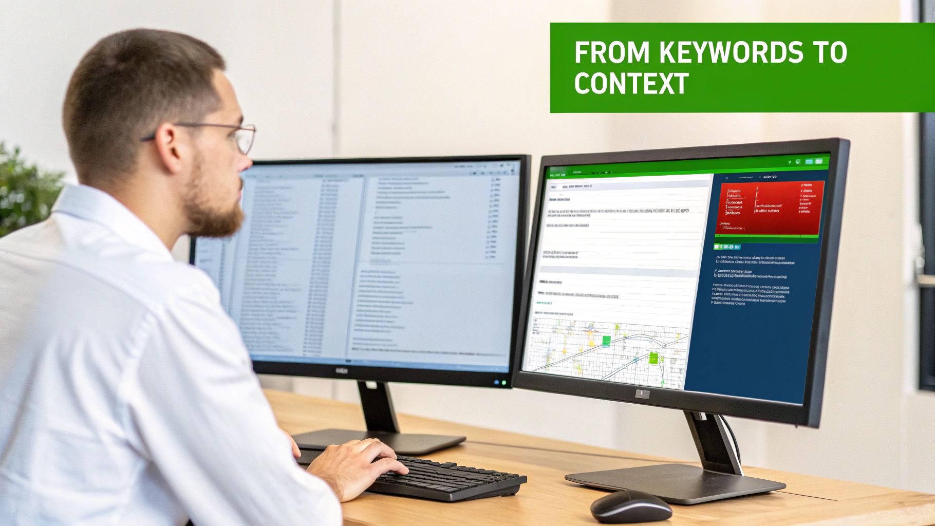 Man analyzing information on dual computer monitors, with text 'From Keywords to Context' visible.