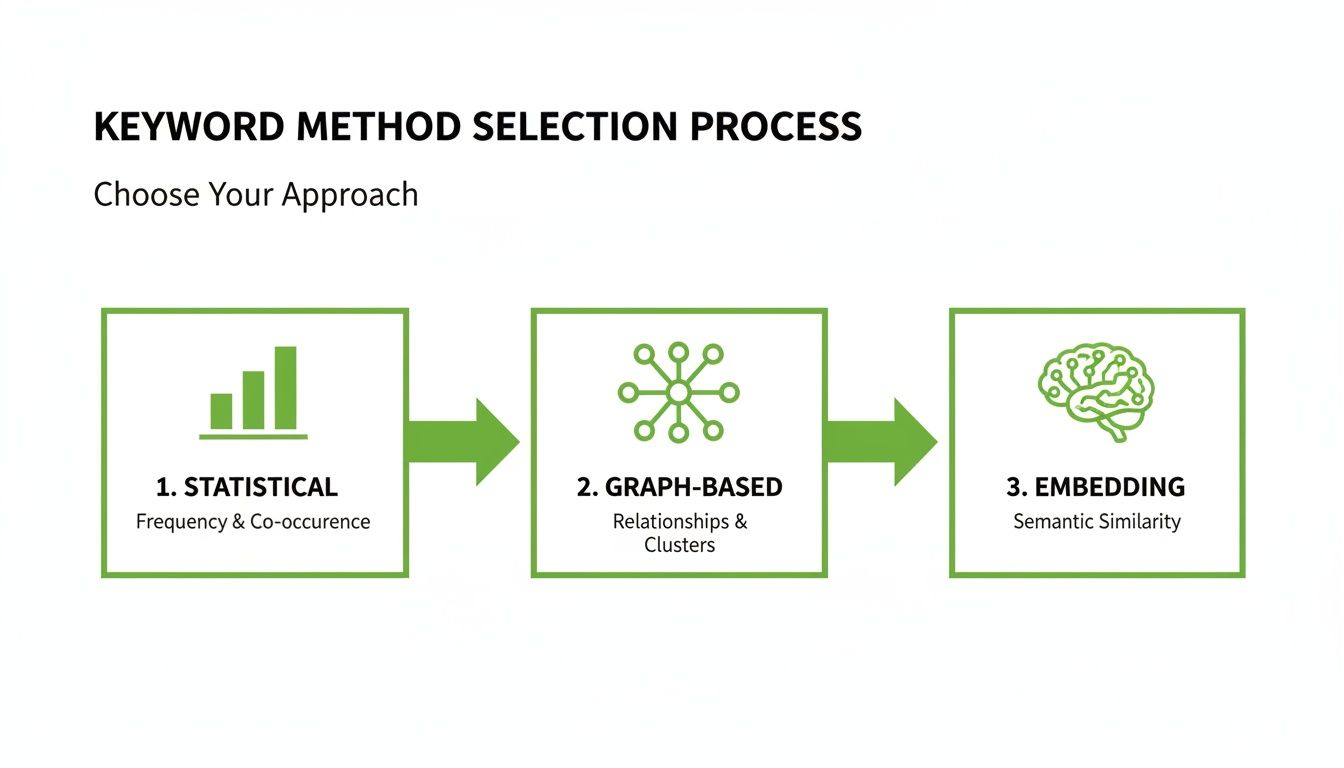 Flowchart illustrating three keyword method selection processes: Statistical, Graph-Based, and Embedding approaches.