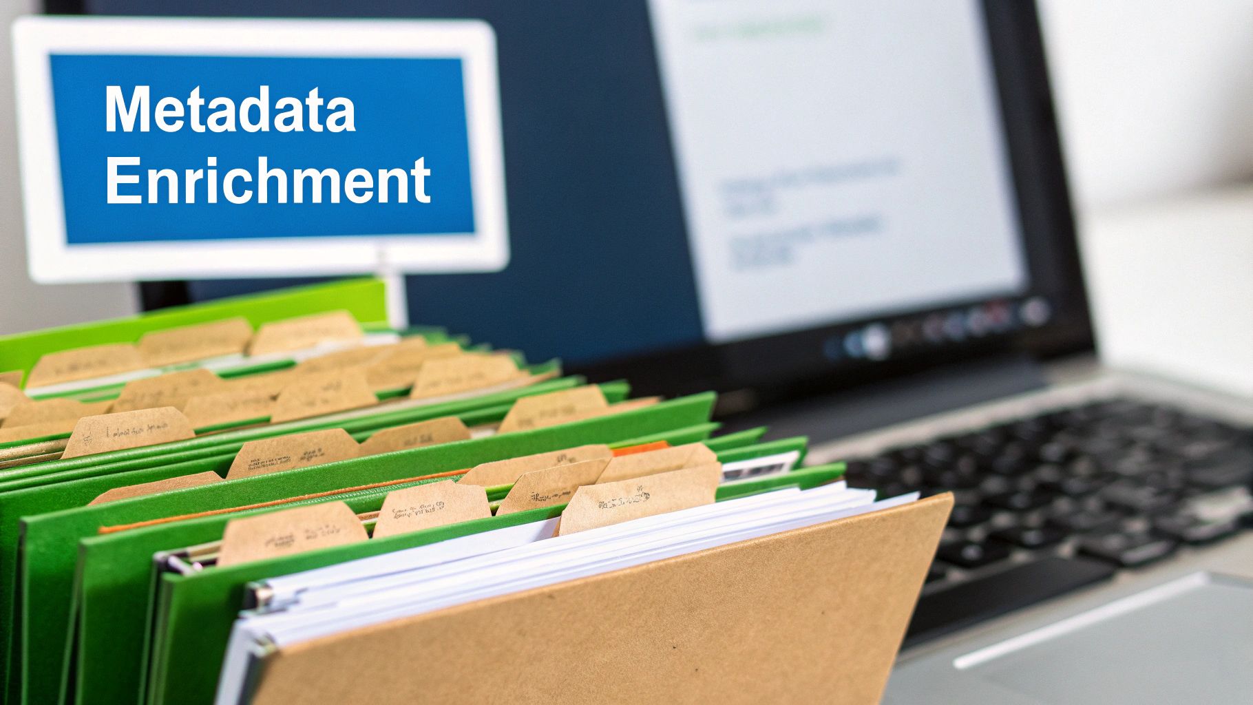 A 'Metadata Enrichment' sign behind green file folders and a laptop, symbolizing digital document organization.