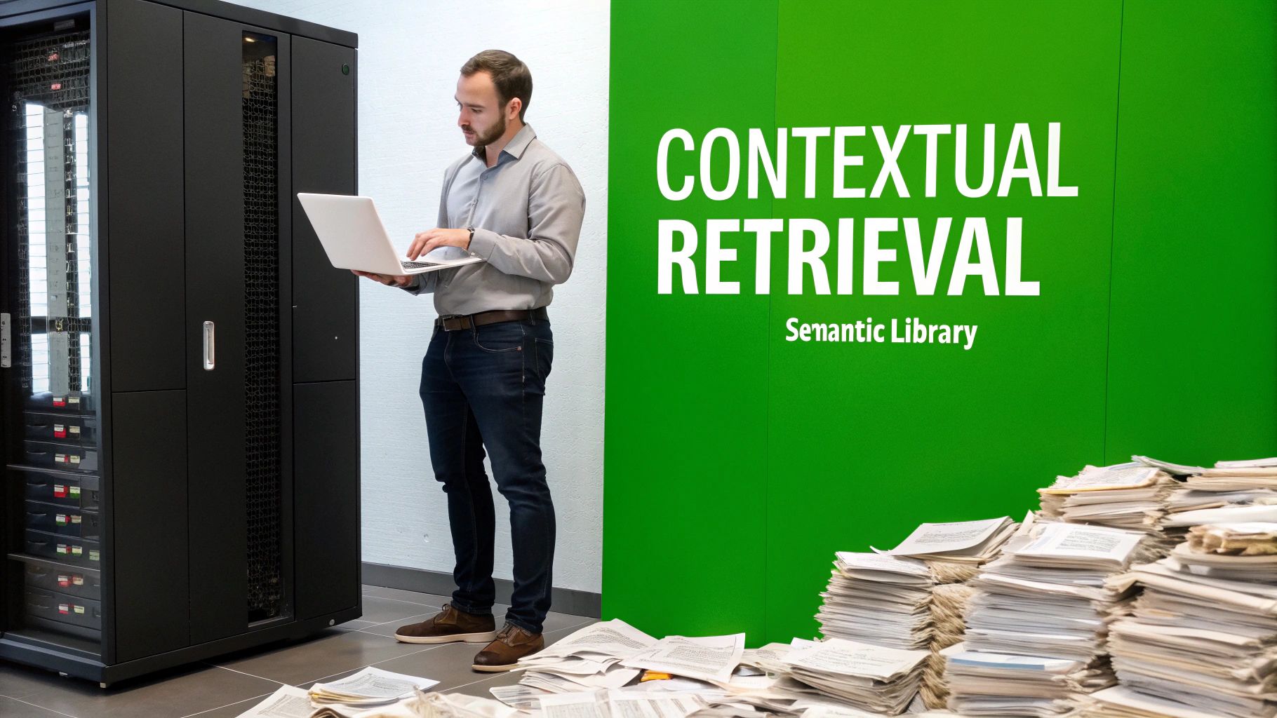 A man uses a laptop in a server room with stacks of documents and 'CONTEXTUAL RETRIEVAL' text.