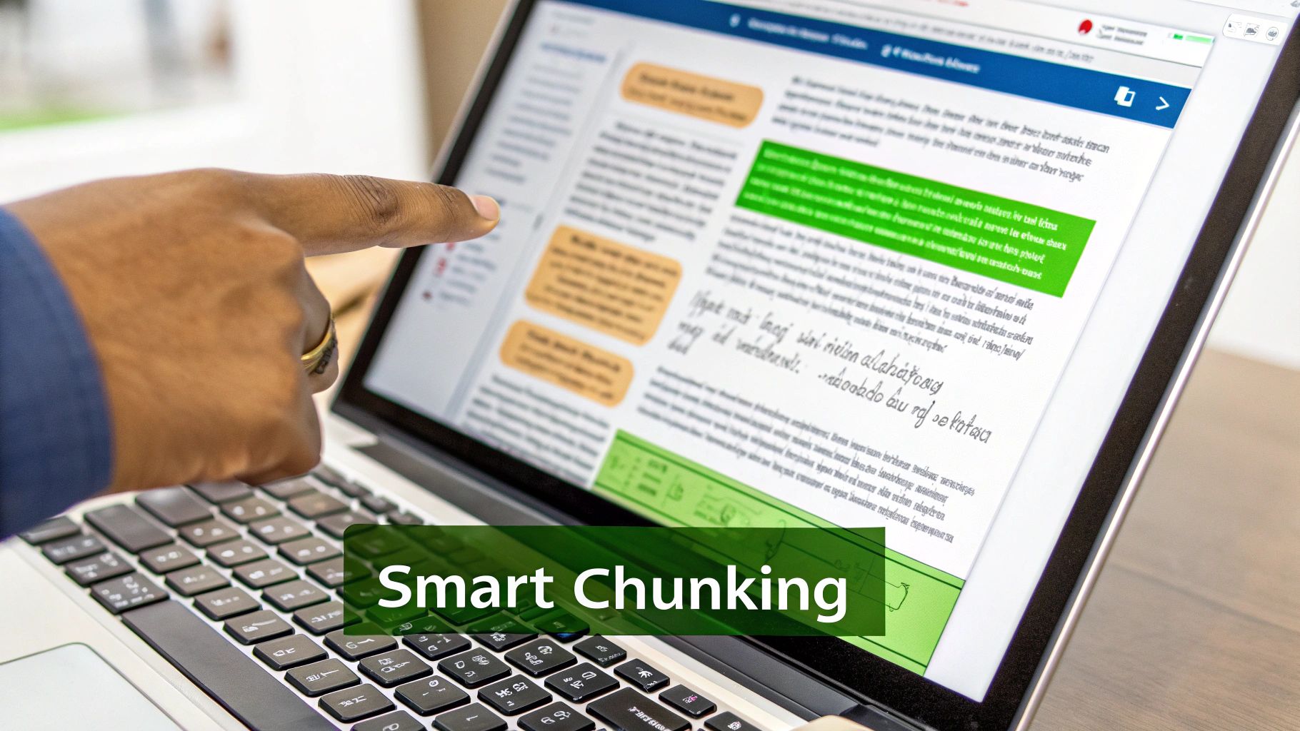 A hand points at a laptop screen showing a digital document with structured and highlighted text sections.