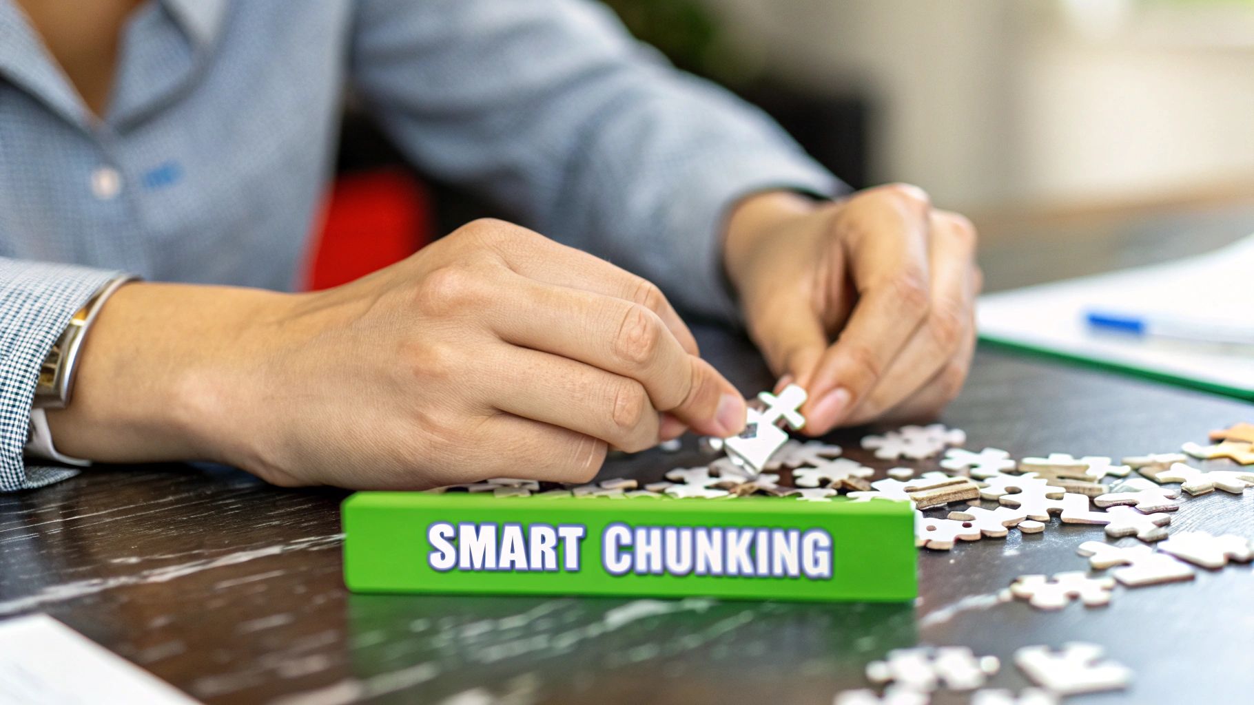 Hands assembling a jigsaw puzzle next to a green block labeled 'SMART CHUNKING', symbolizing problem-solving.