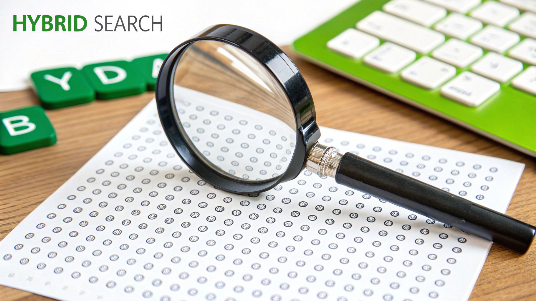 A magnifying glass on a paper with patterns, letter tiles, and a green keyboard, illustrating hybrid search.