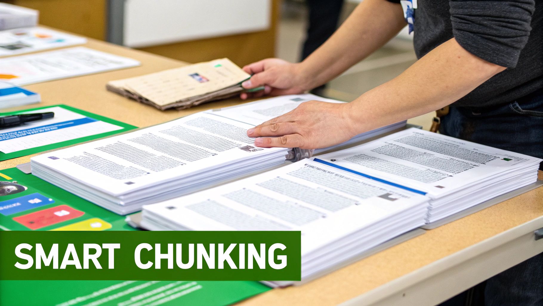 A person's hands meticulously organize stacks of printed documents and papers on a table.