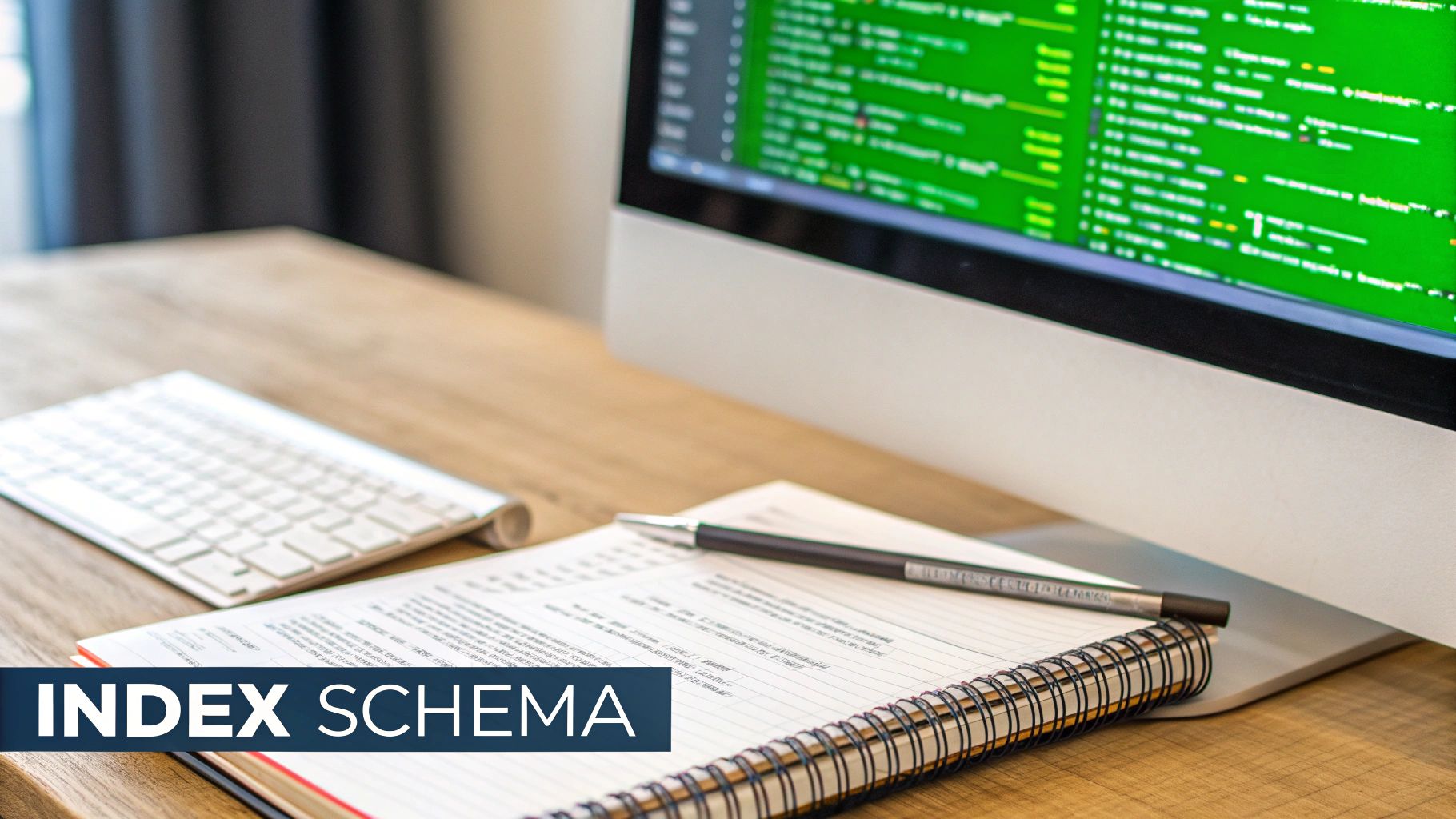 A computer monitor displaying green code, a keyboard, a notebook, and a pen on a wooden desk with 'INDEX SCHEMA' text.