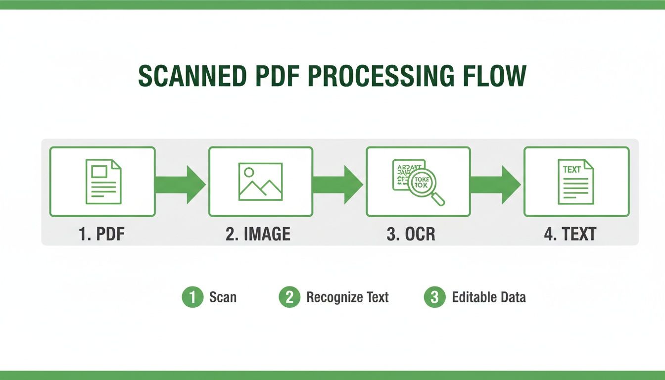 A flowchart illustrates the scanned PDF processing flow from PDF to image, OCR, and editable text.