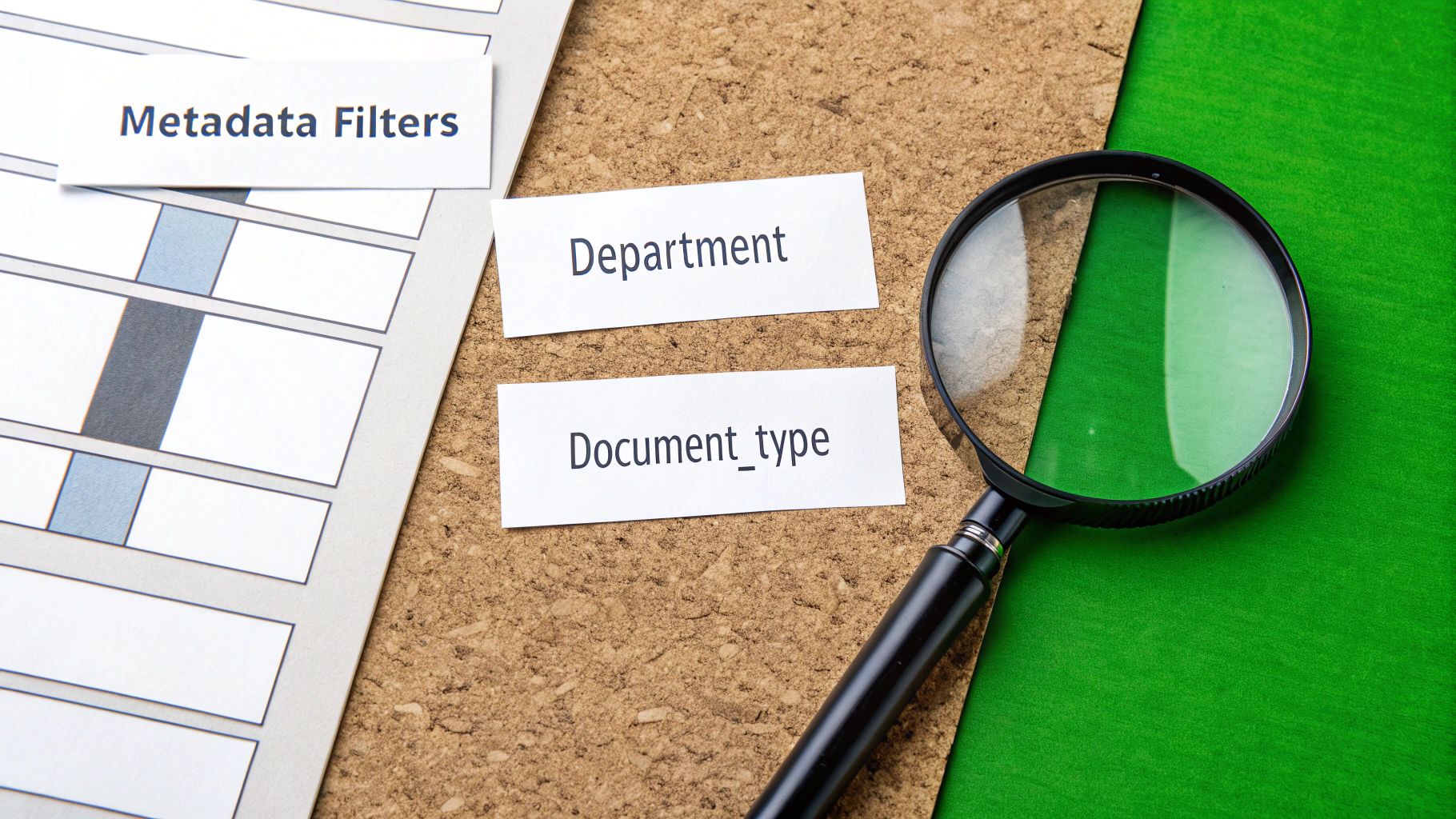 A magnifying glass, 'Metadata Filters' tab, and labels 'Department', 'Document_type' on a cork board.