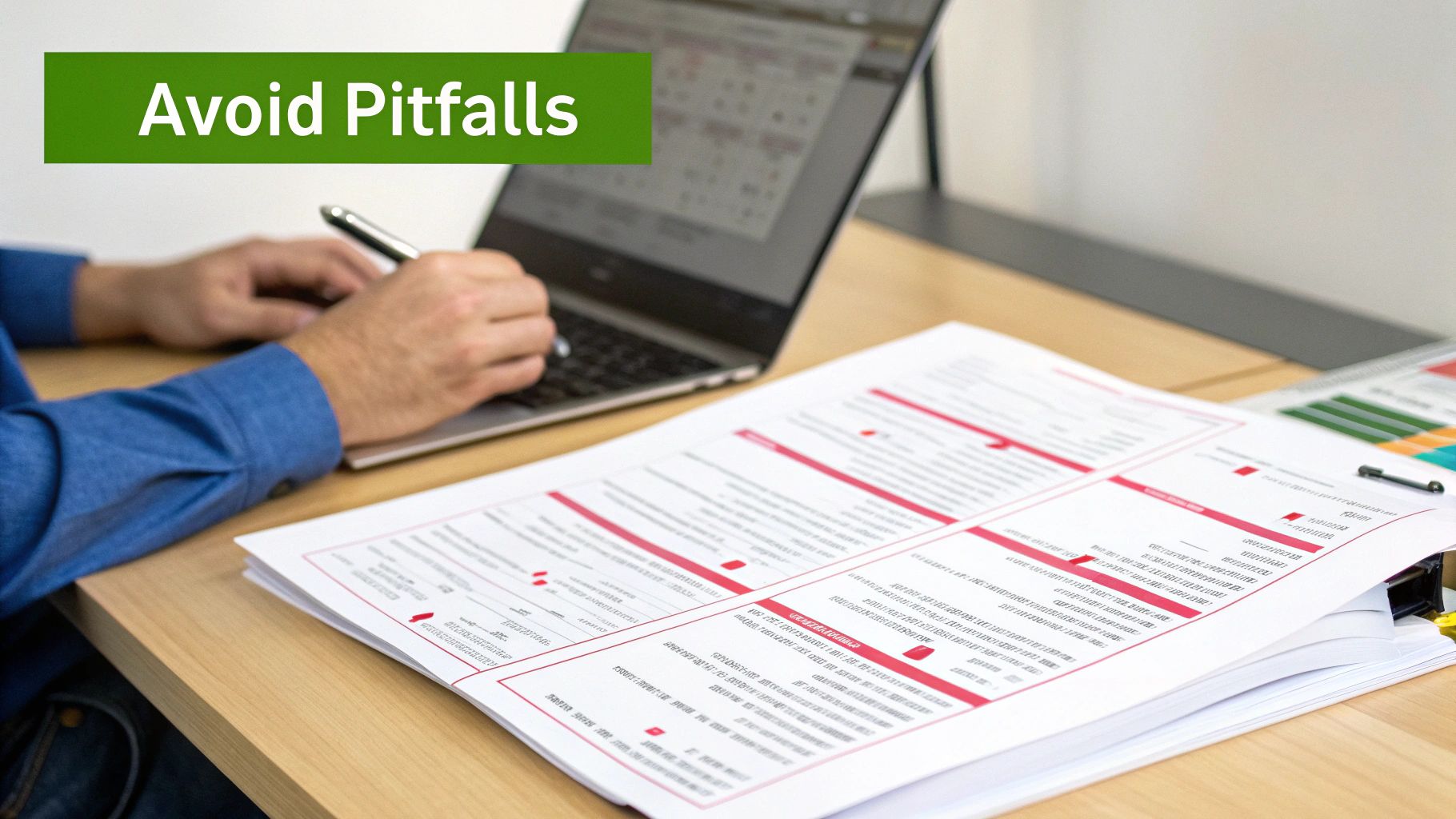 A person reviews documents and types on a laptop, with text 'Avoid Pitfalls' visible.