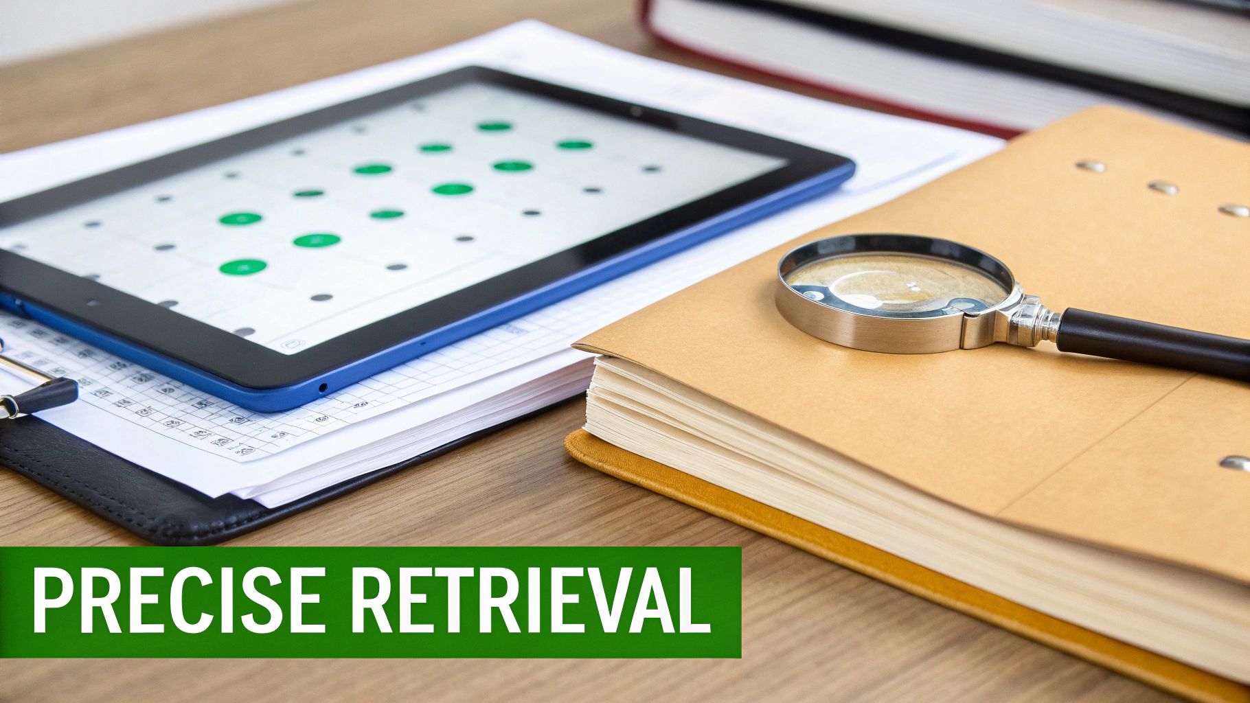A desk with a tablet, documents, a magnifying glass, and books, highlighting precise data retrieval.