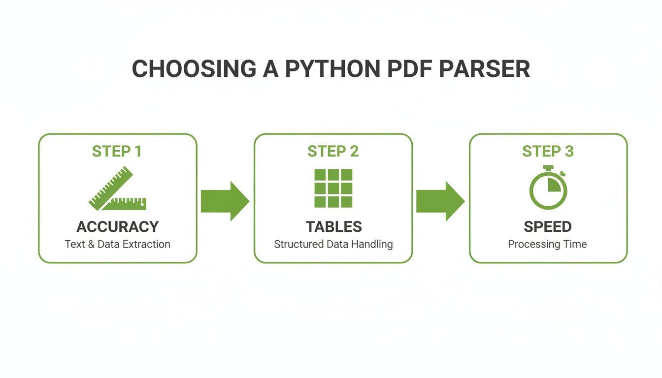 Diagram outlining three key steps for choosing a Python PDF parser: Accuracy, Tables, and Speed.