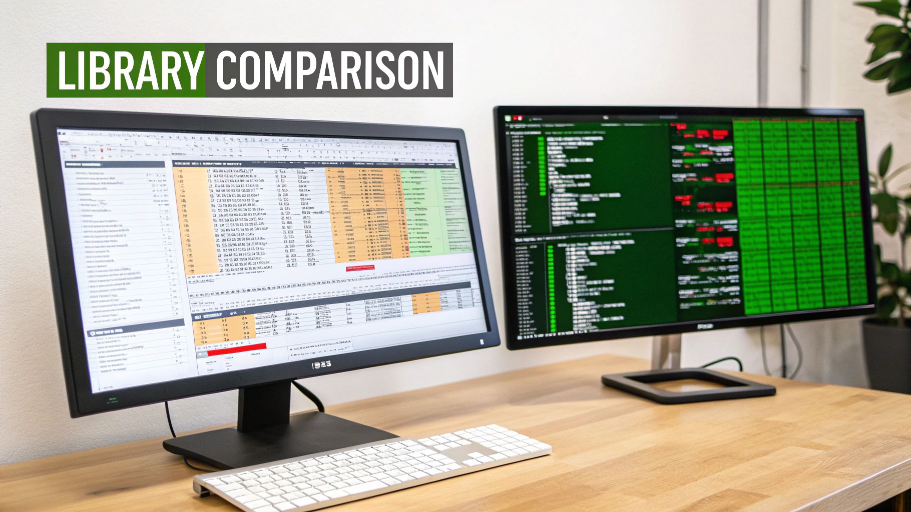 Two monitors displaying data and code on a desk with a keyboard, labeled 'Library Comparison'.