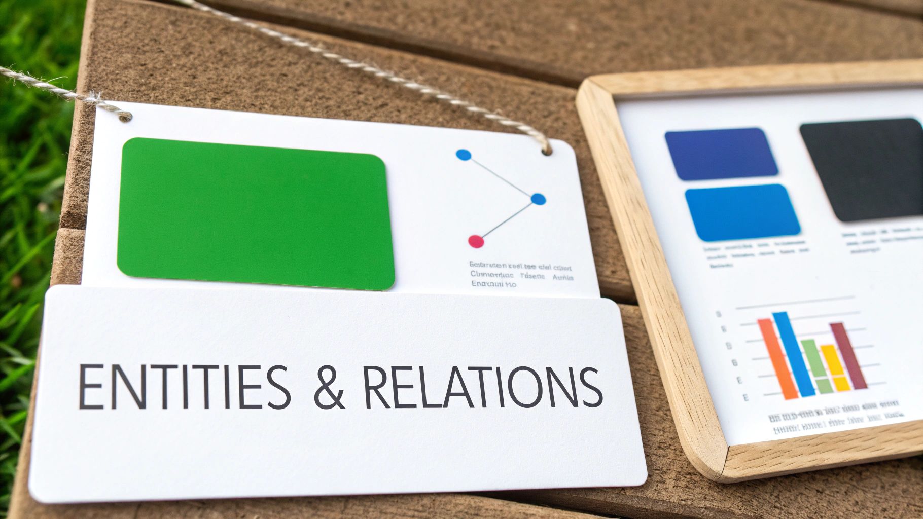 A card reading 'ENTITIES & RELATIONS' and diagrams, next to a framed data visualization.
