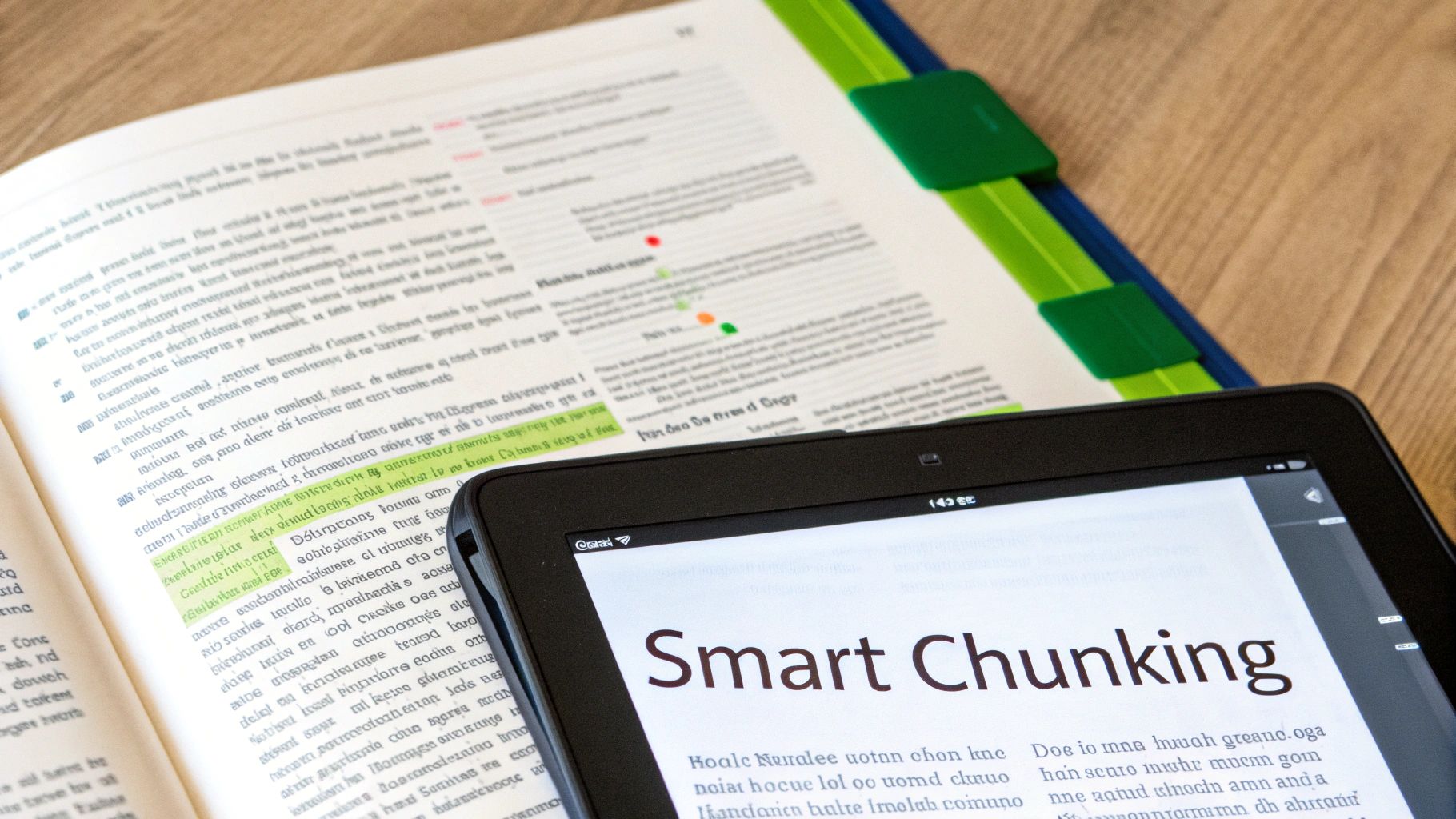 An open textbook with highlighted sections next to a tablet displaying 'Smart Chunking' content, illustrating studying methods.