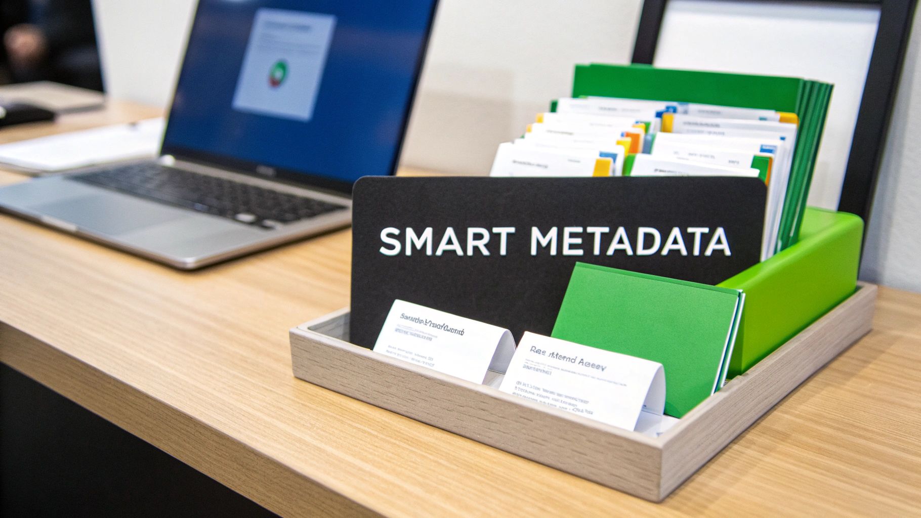A desk setup featuring a laptop, a 'SMART METADATA' sign, and organized green folders.