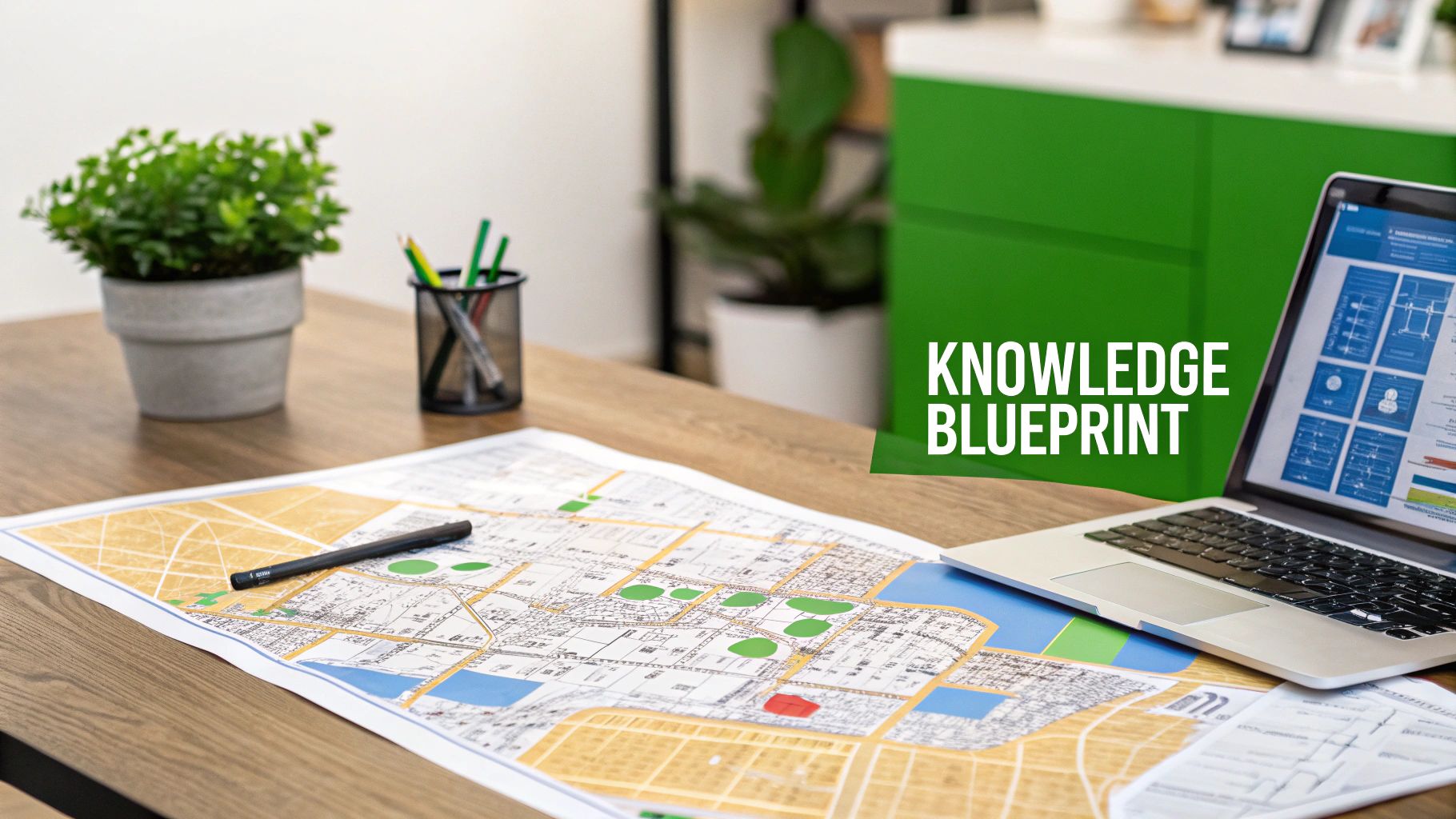 A desk with a map, a pen, a laptop displaying blueprints, and a plant, with 'KNOWLEDGE BLUEPRINT' text.