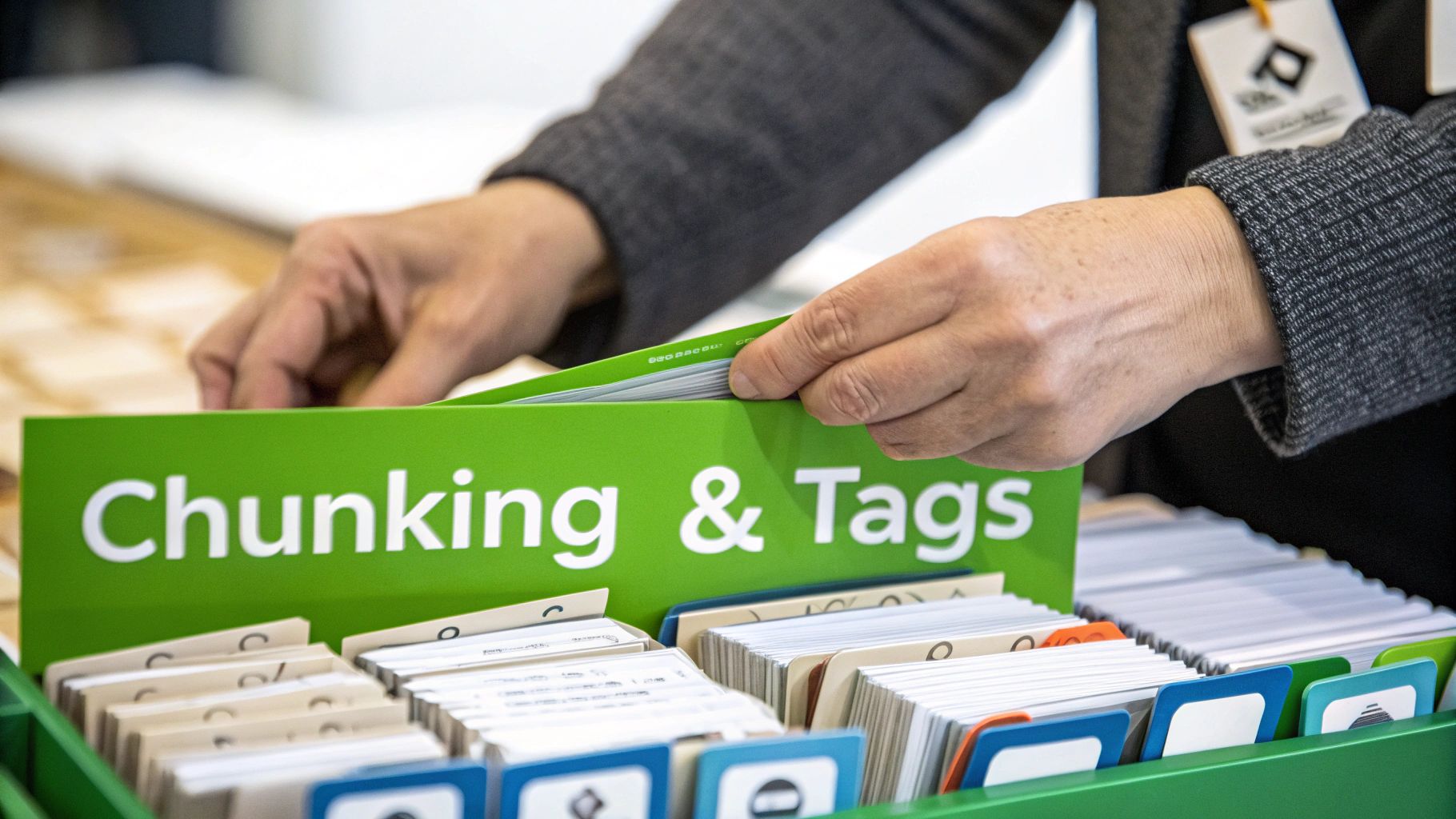 Hands organize index cards in a green box labeled 'Chunking & Tags', demonstrating information management.