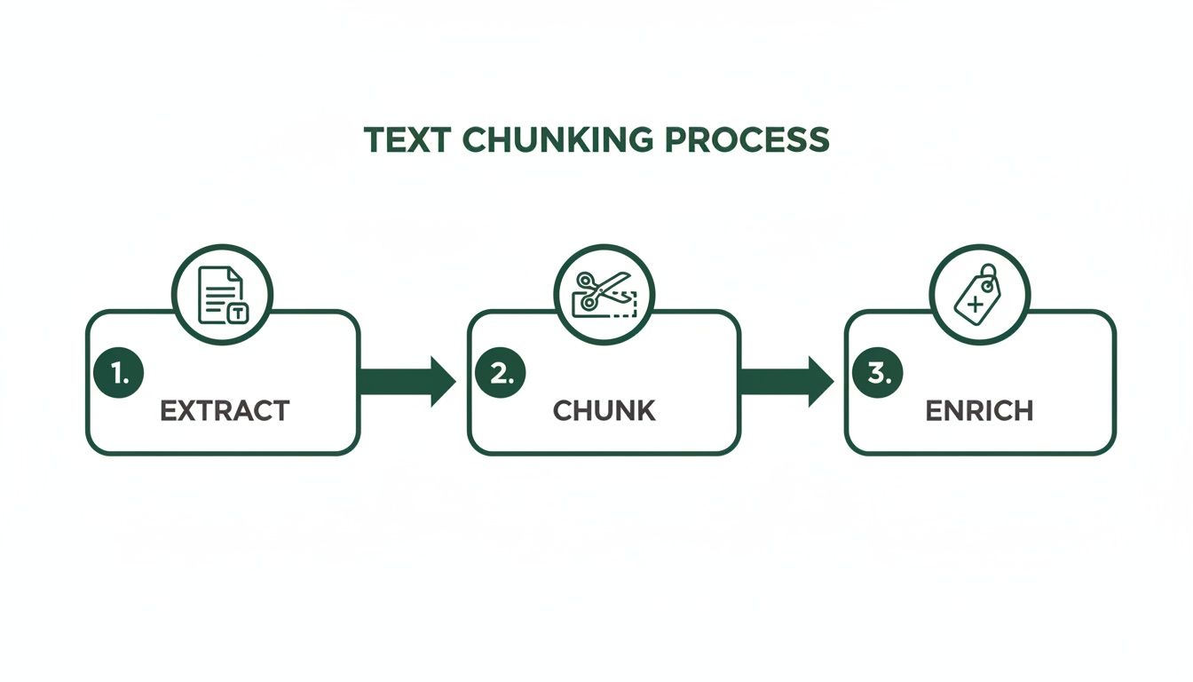 A diagram illustrating the three-step text chunking process: Extract, Chunk, and Enrich.