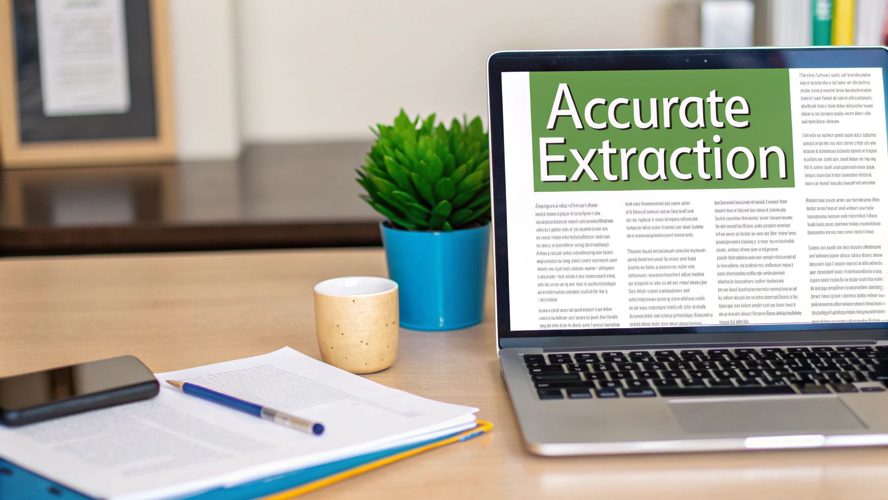 A laptop on a wooden desk displays 'Accurate Extraction' text, alongside a plant, coffee cup, phone, and documents.