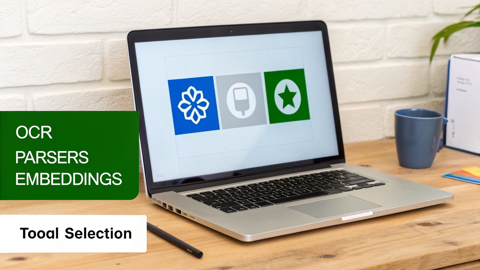 A laptop on a wooden desk displays icons and text related to OCR, parsers, and embeddings for tool selection.