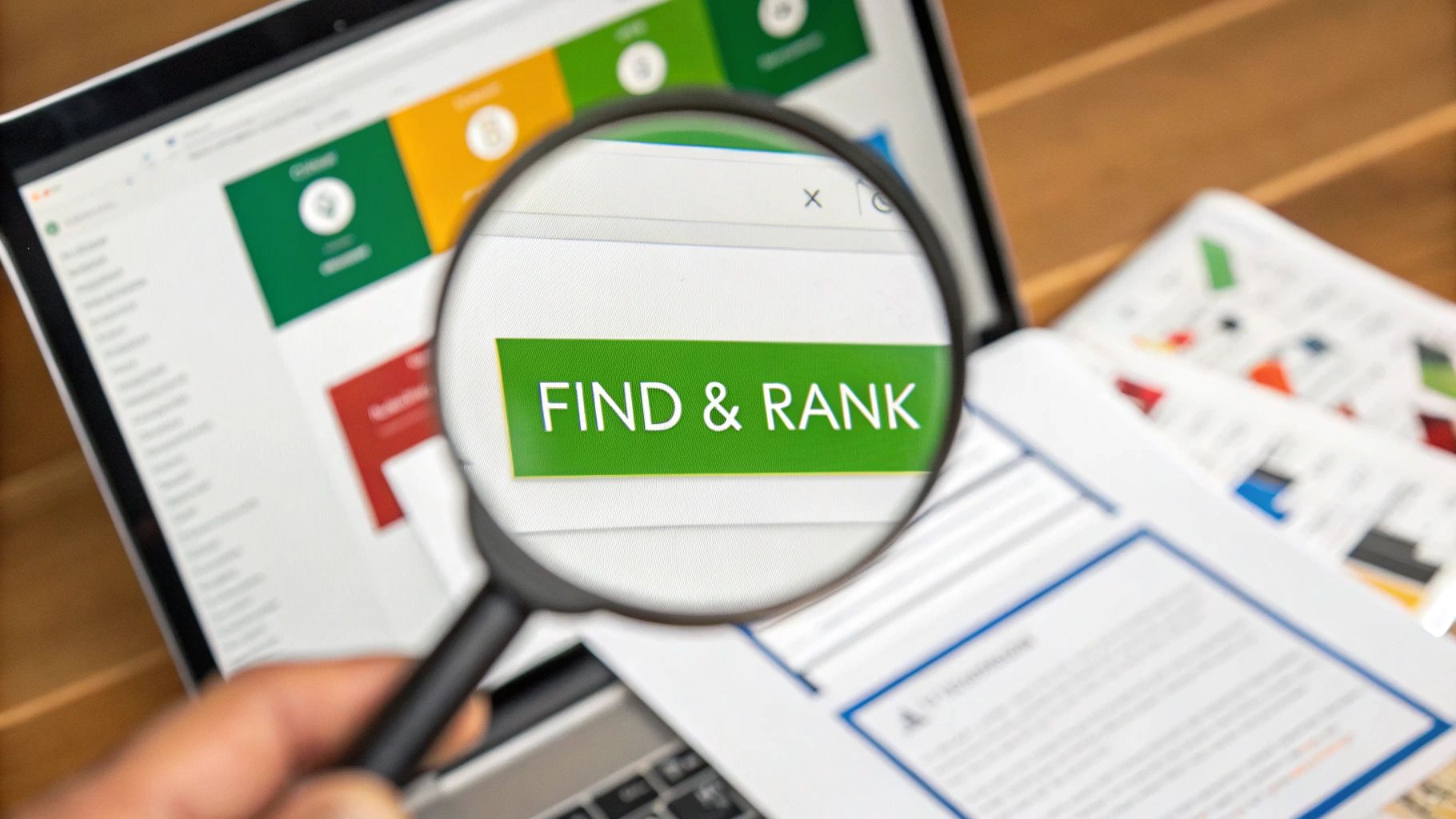 Magnifying glass over a laptop screen with a 'FIND & RANK' button, illustrating search engine optimization.