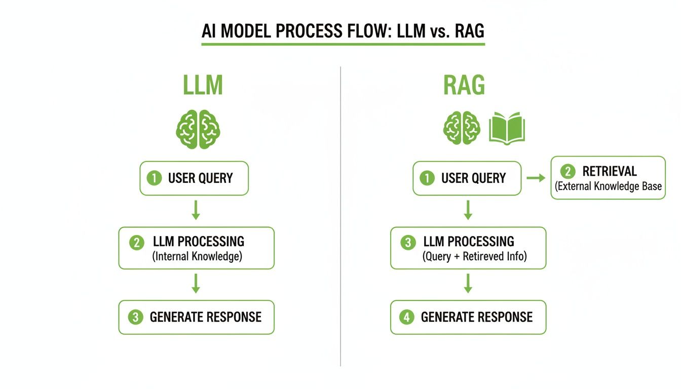 Flowchart comparing LLM and RAG AI model process flows, illustrating RAG's external knowledge retrieval step.