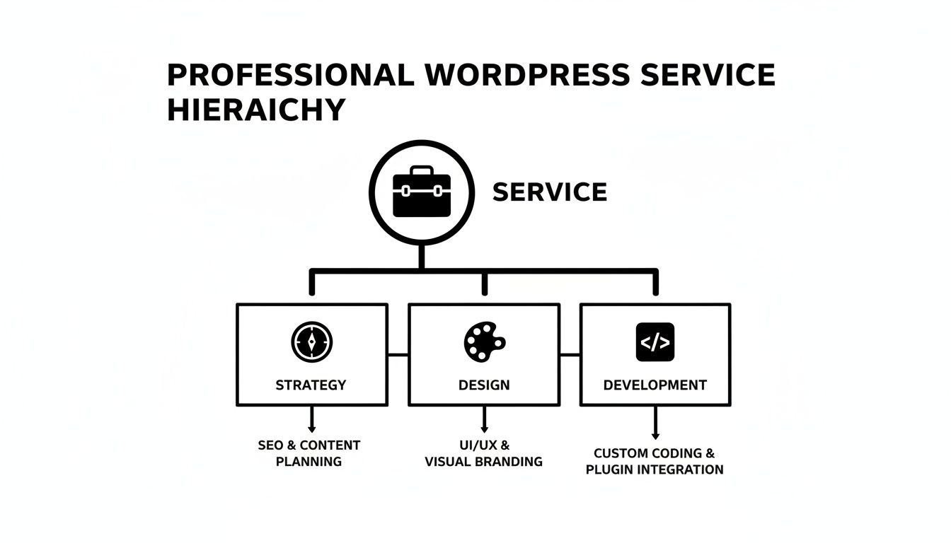 A hierarchy chart illustrating professional WordPress service components: Strategy, Design, and Development with sub-services.