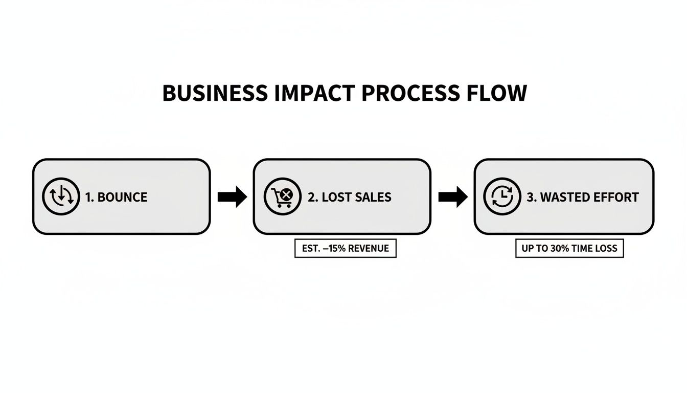 A business impact process flow diagram showing bounce, leading to lost sales with 15% revenue loss, and wasted effort resulting in 30% time loss.