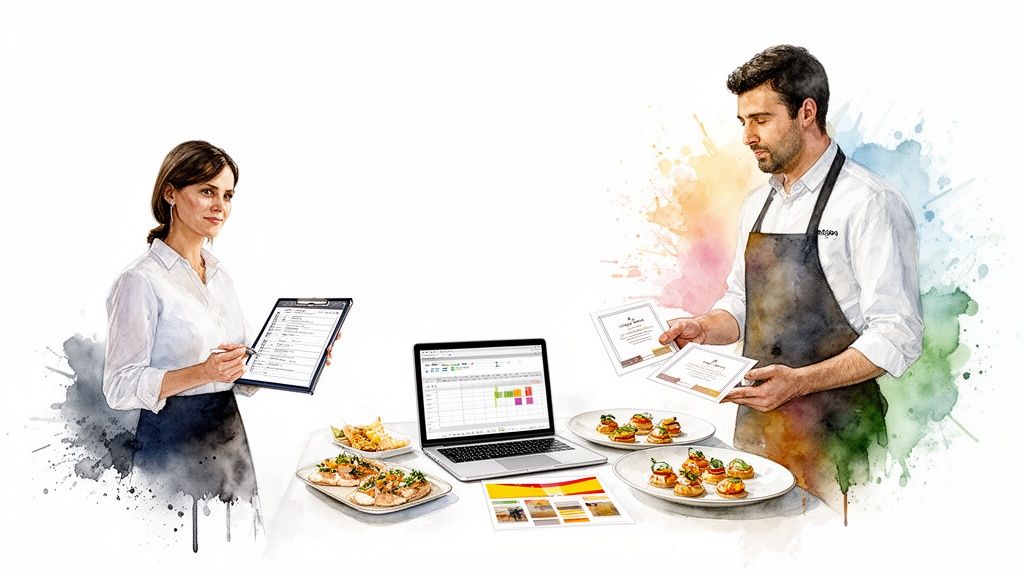 Two people, a man and a woman, collaborating on catering or event planning with food, laptop, and documents, in a watercolor style.