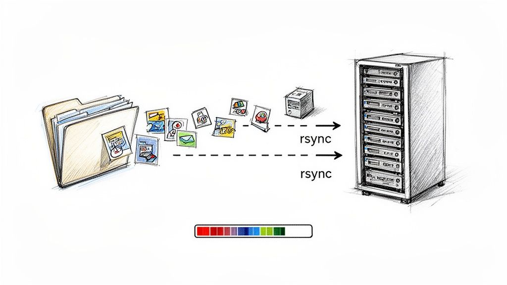 Illustration showing files and data being synchronized using rsync to a server rack.